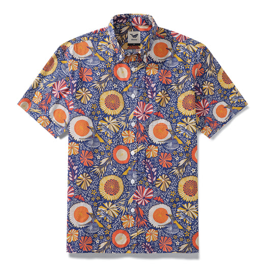 Chemise hawaïenne pour hommes, imprimé martin-pêcheur et fleurs par Nina Leth, chemise Aloha boutonnée en coton à manches courtes