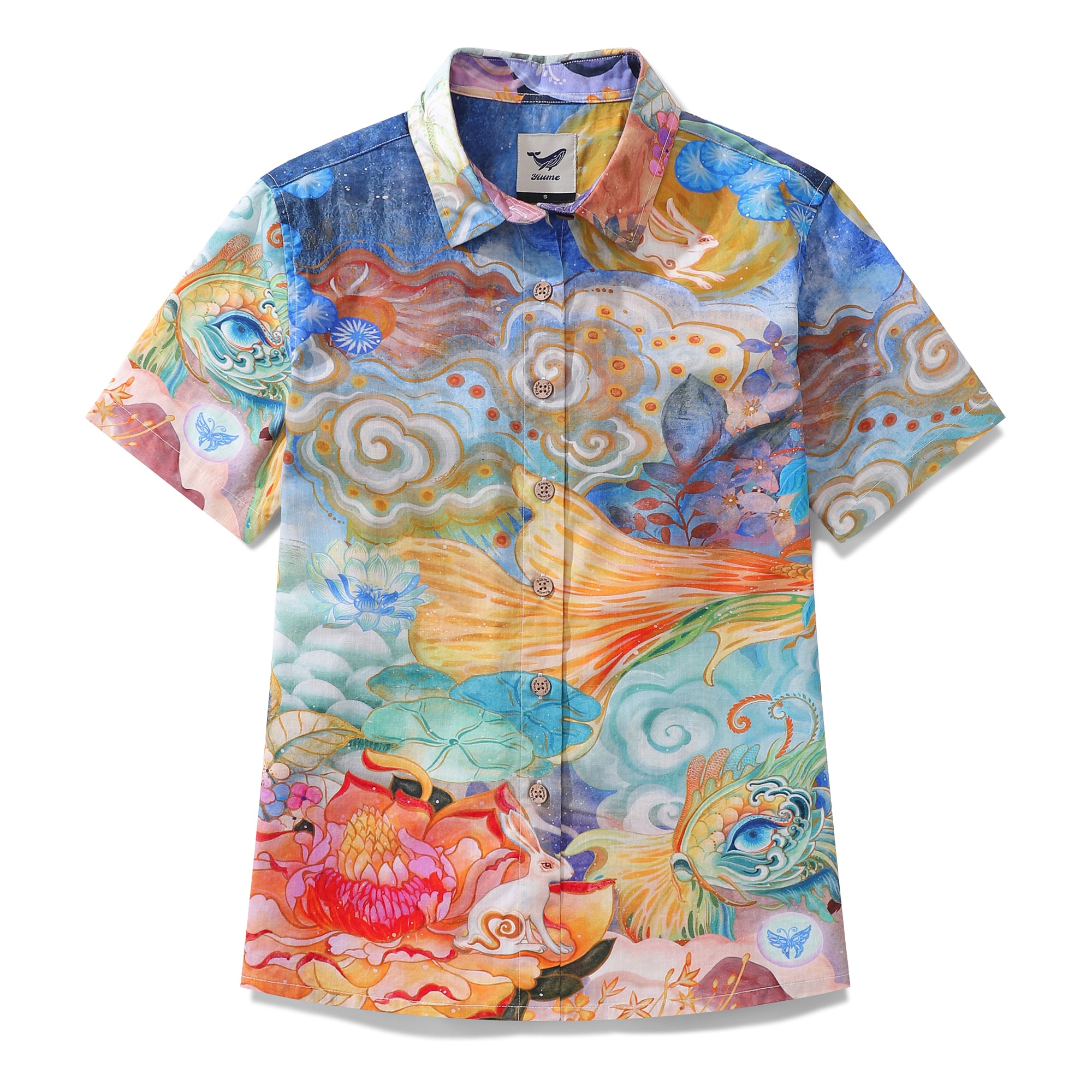 Women's Hawaiian Shirt Wandering Through the Clouds Print Cotton Button-up Short Sleeve
