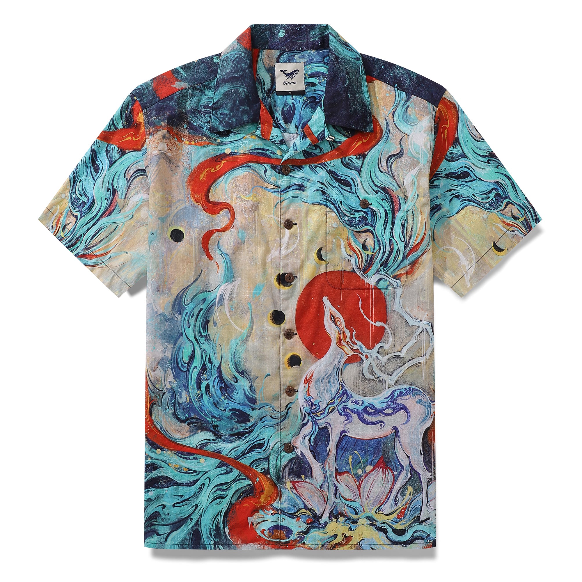 Hawaiian Shirt For Men White Deer Print Shirt Camp Collar 100% Cotton