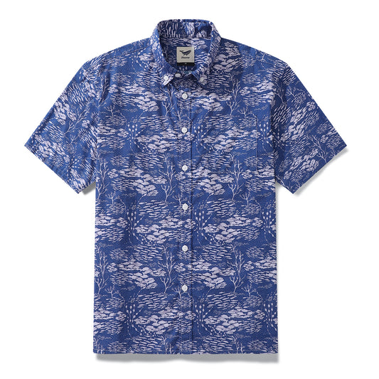 Camicia hawaiana da uomo Shoal Layered Print di Katie O'Shea Design Camicia Aloha a maniche corte in cotone abbottonata