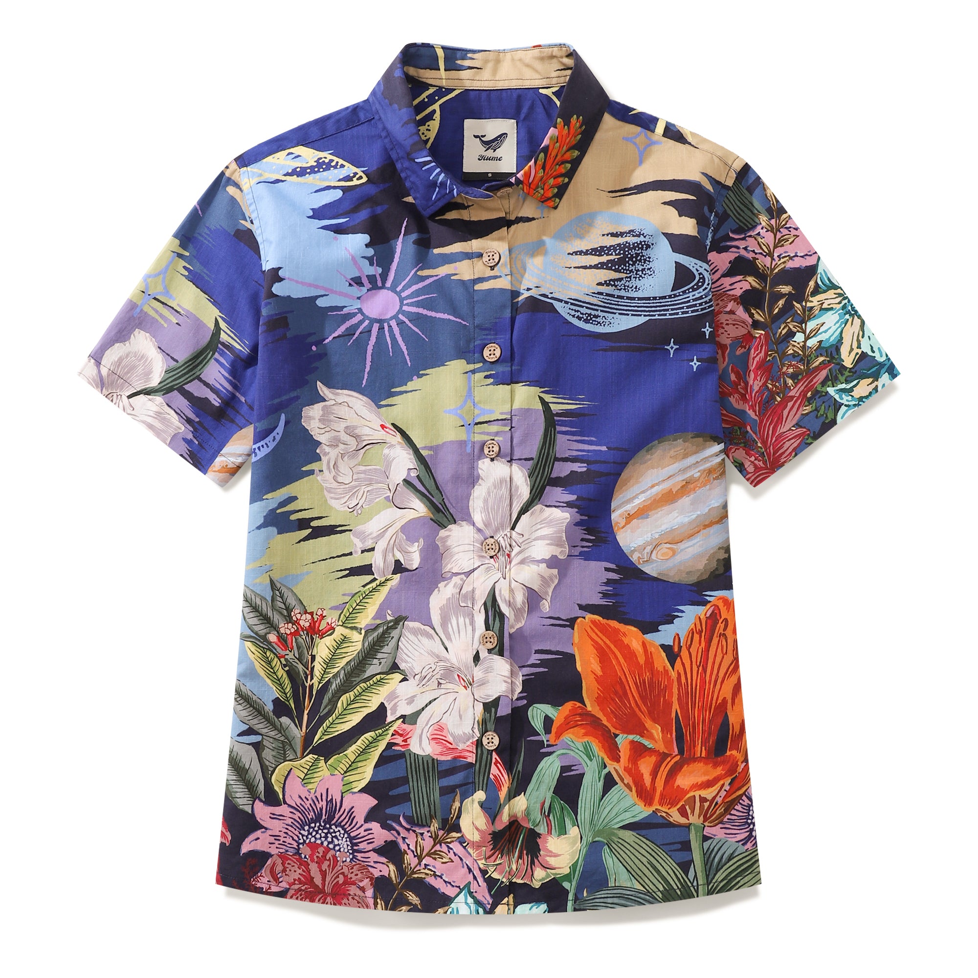 Camisa hawaiana de algodón con estampado de jardín bajo la luz de la luna y manga corta con botones para mujer