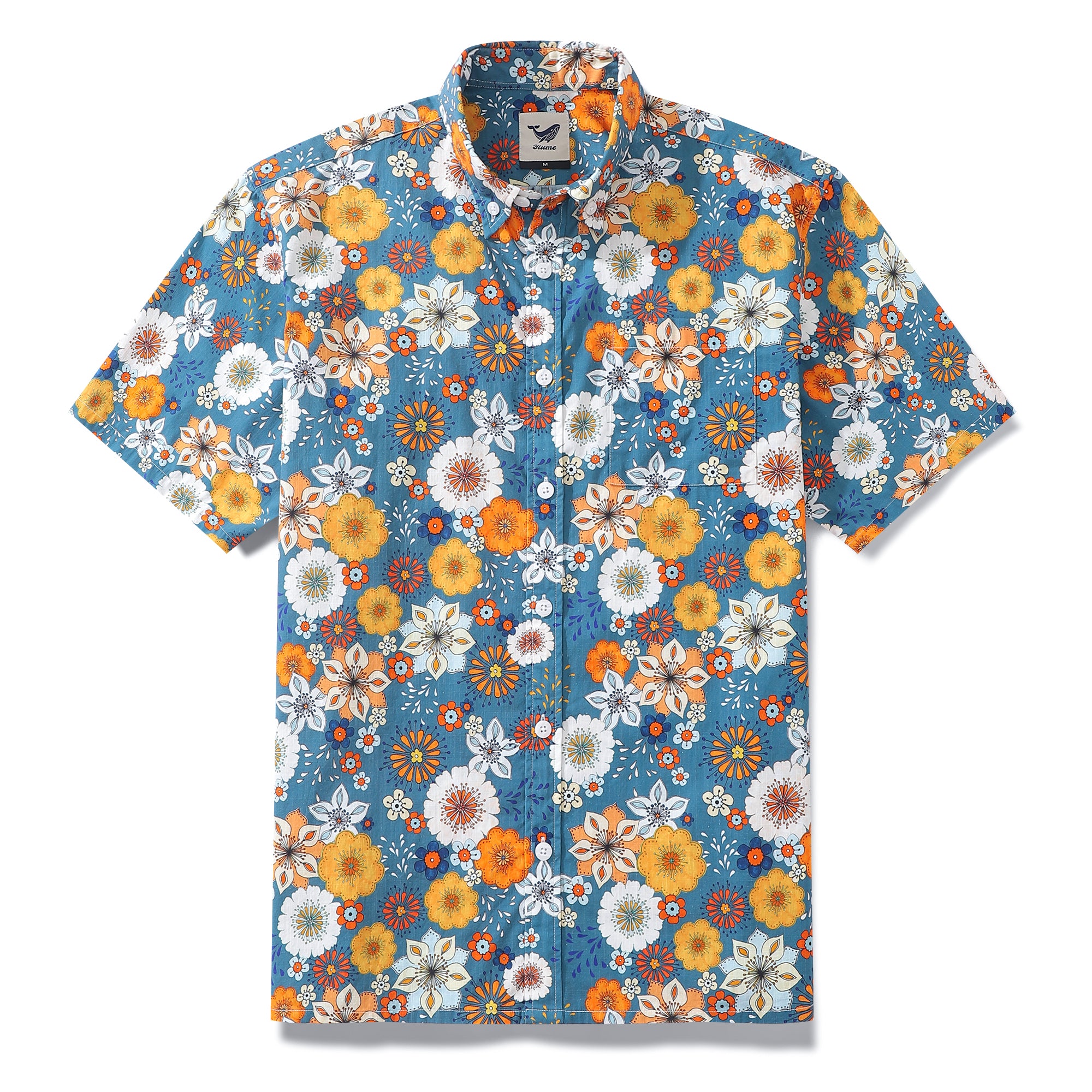 Herren-Hawaiihemd mit 60er-Jahre-Blumendruck von Samantha O' Malley, kurzärmeliges Aloha-Hemd aus Baumwolle mit Knopfleiste
