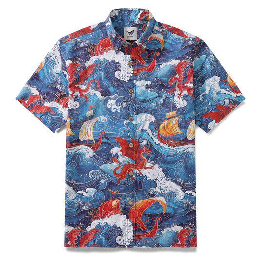Yiume Viking Hawaiian Shirt For Men Dragon-Hunting Button-down Short Sleeve Cotton Beach Shirt Dragon-hunting Viking