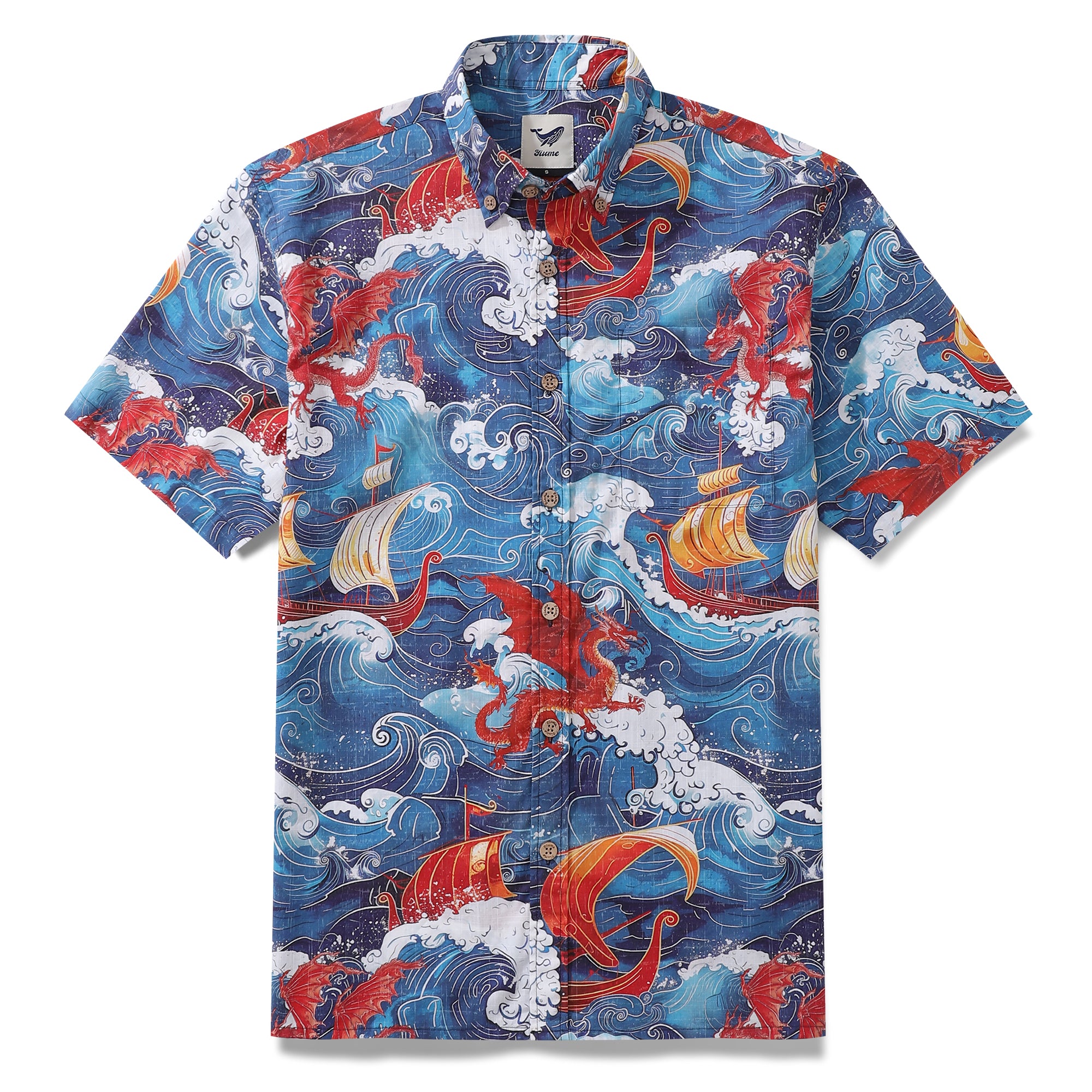 Dragon-Hunting Men's Art Shirt - Viking Ship Print, Cotton Button