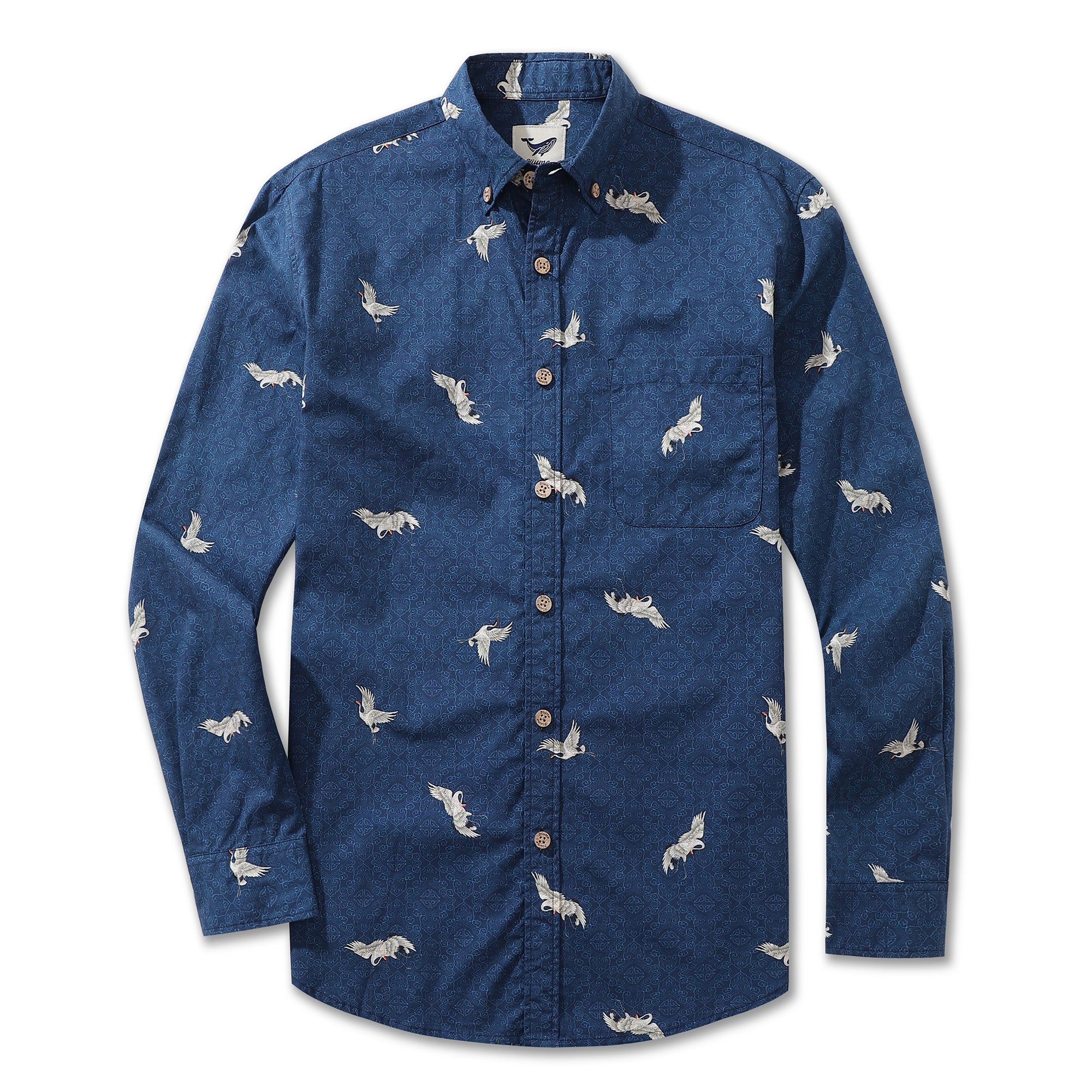 Men's Hawaiian Shirt Crane Cotton Button-down Long Sleeve Aloha Shirt ...