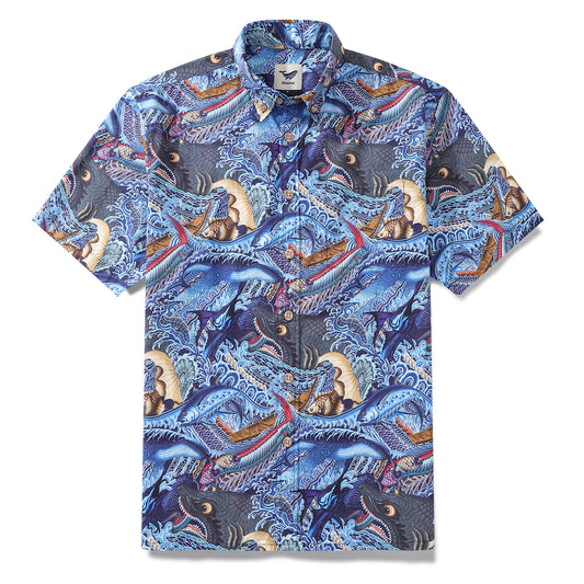Men's Hawaiian Shirt Oceanic Pursuit Print Cotton Button-down Short Sleeve Aloha Shirt