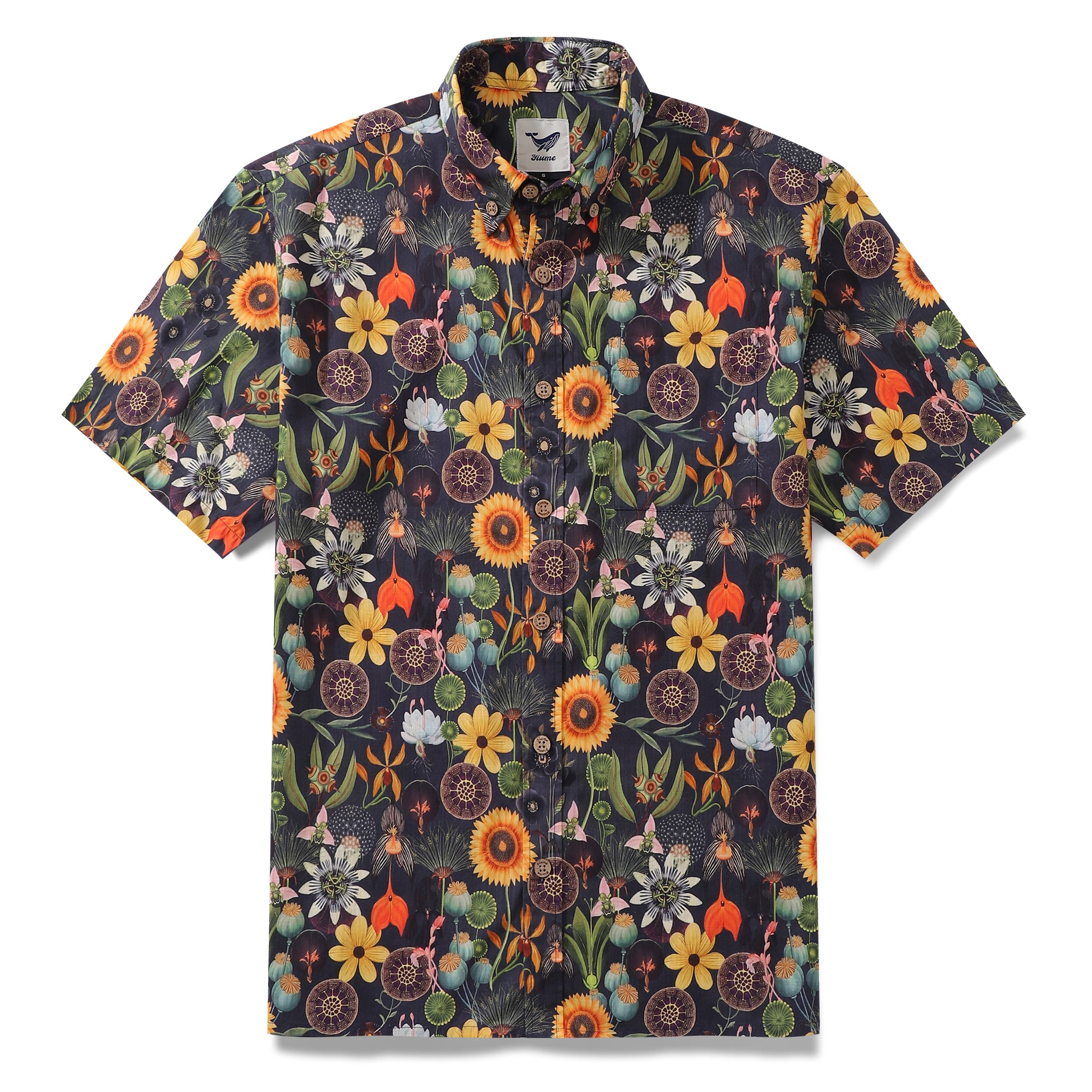 Camisa hawaiana para hombre Camisa Aloha de manga corta con botones de algodón Serenity de girasol