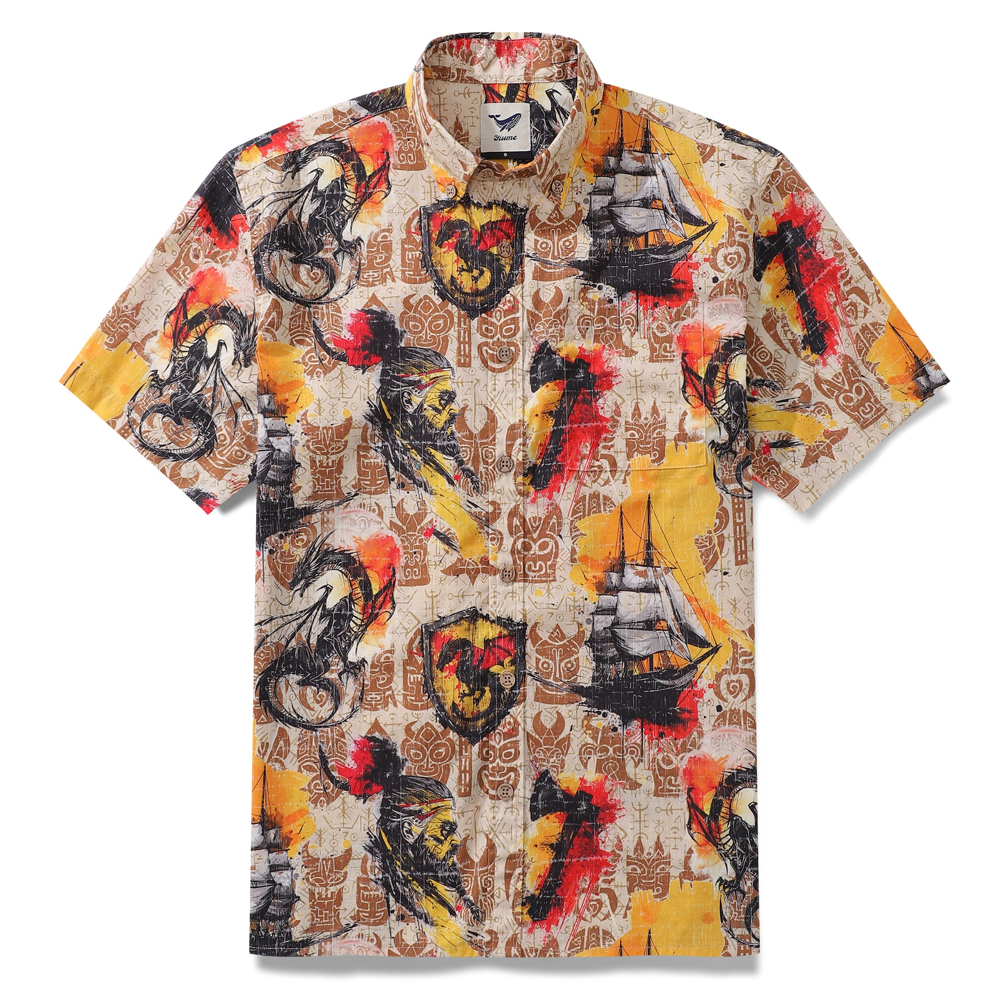 Chemise hawaïenne pour hommes Viking Valor en coton, à boutons, à manches courtes, style Aloha