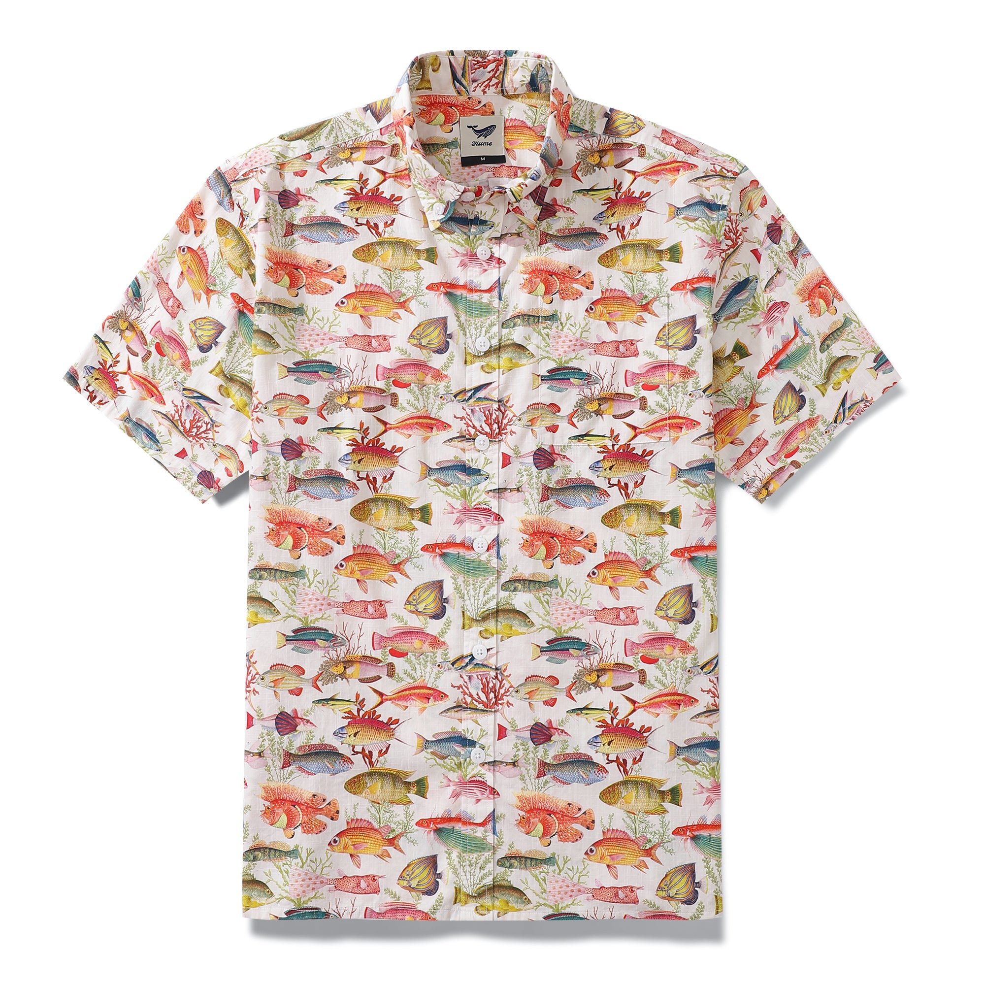 Yiume Men's Hawaiian Shirt Sea Ocean Fish Print Cotton Button-Down Short Sleeve Aloha Shirt, Size: XS