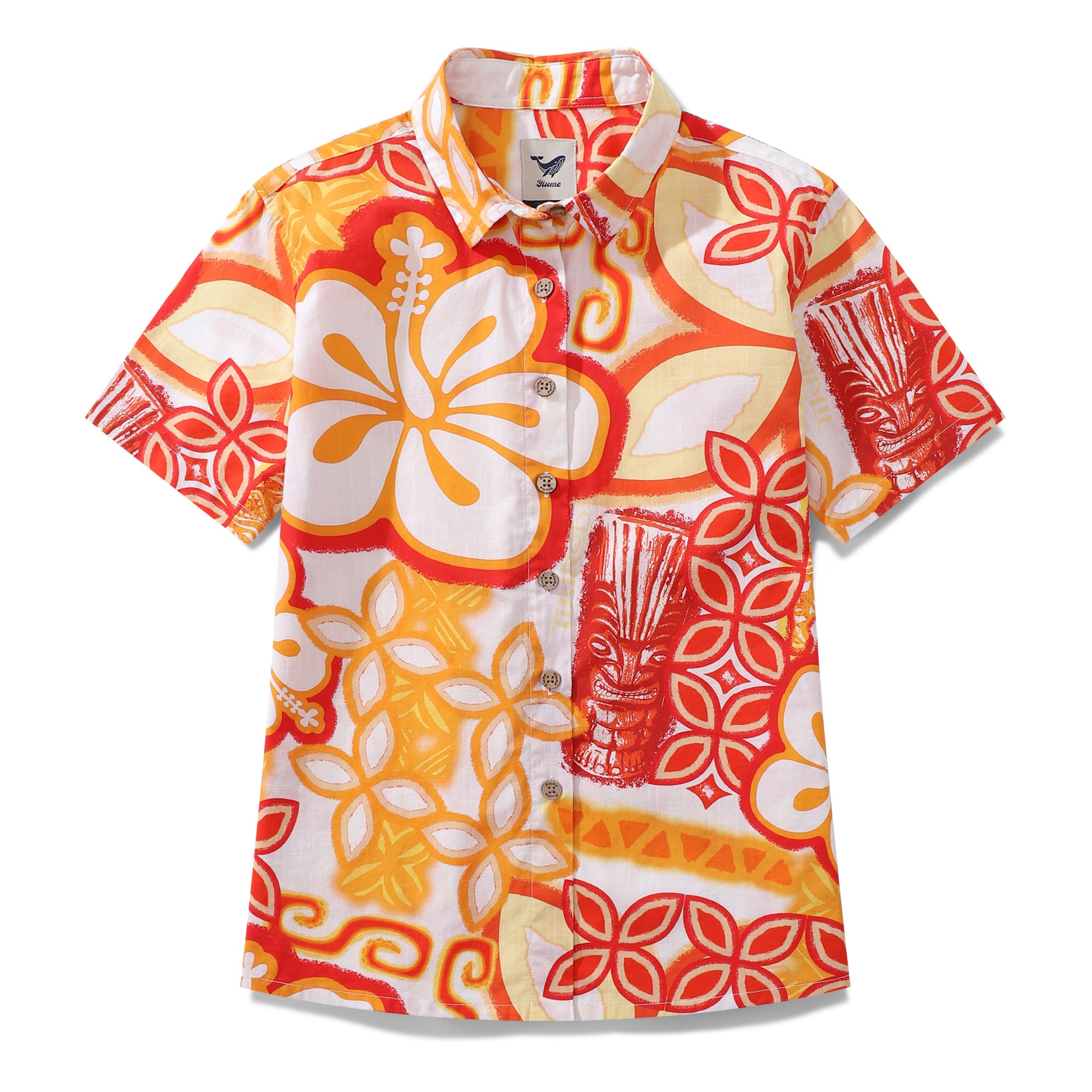 Camisa hawaiana de mujer Totem naranja de Tikirob estampado de algodón con botones de manga corta
