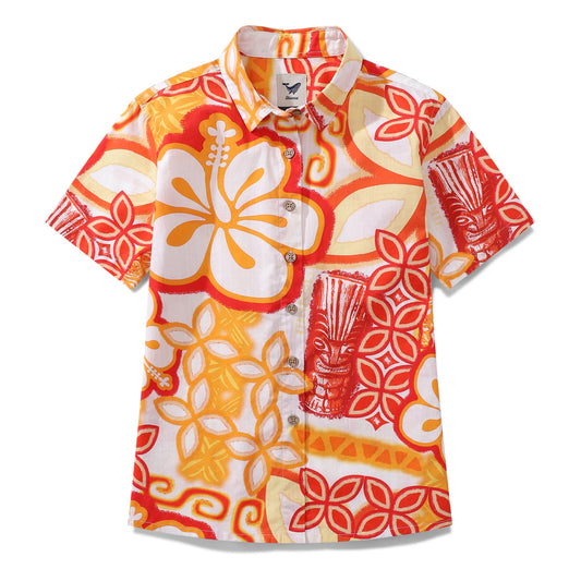 Damen Hawaiian Shirt Orange Totem von Tikirob Print Baumwolle Knopfverschluss Kurzarm