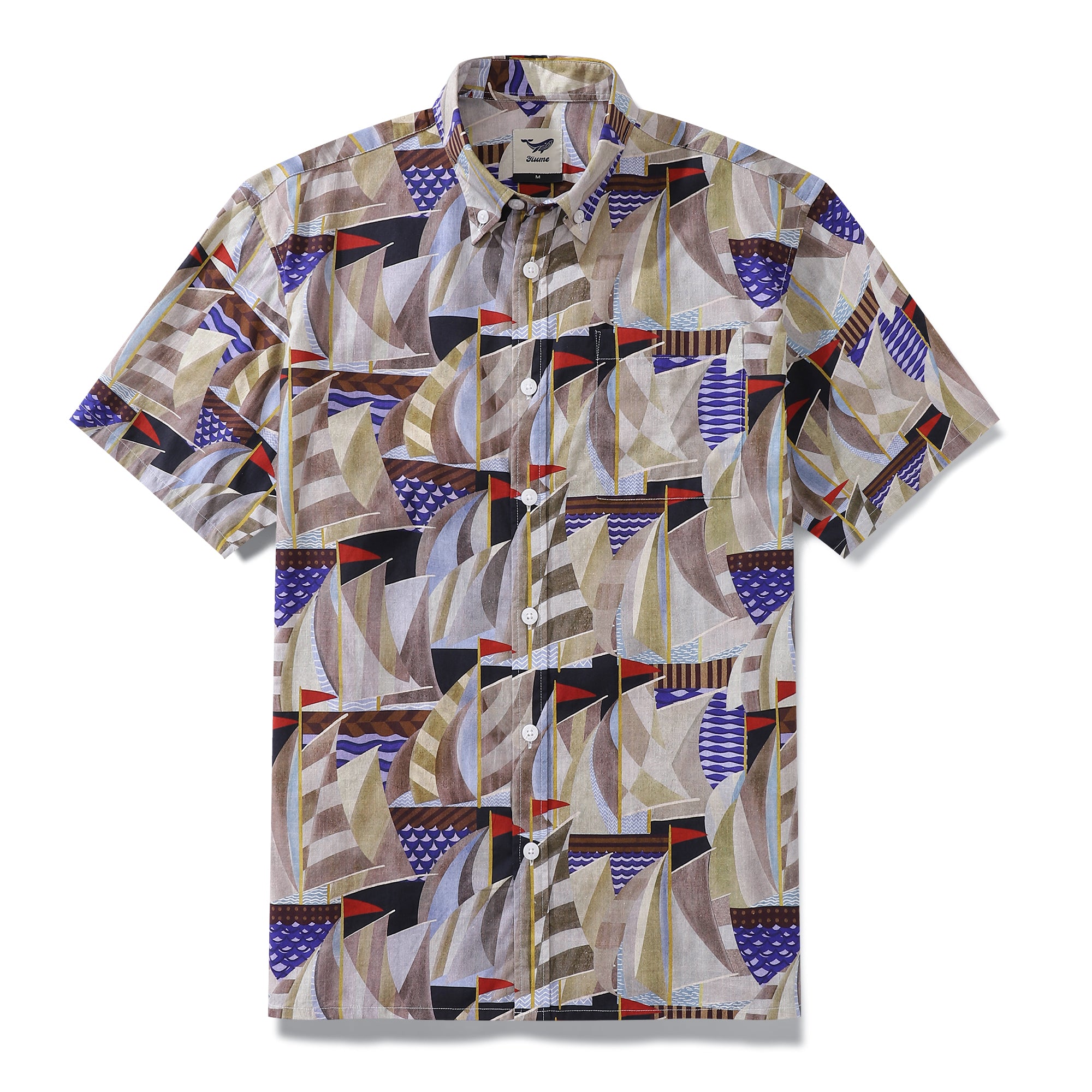 1960s Vintage Men's Hawaiian Shirt Sailboat Print Cotton Button-down Short Sleeve Aloha Shirt