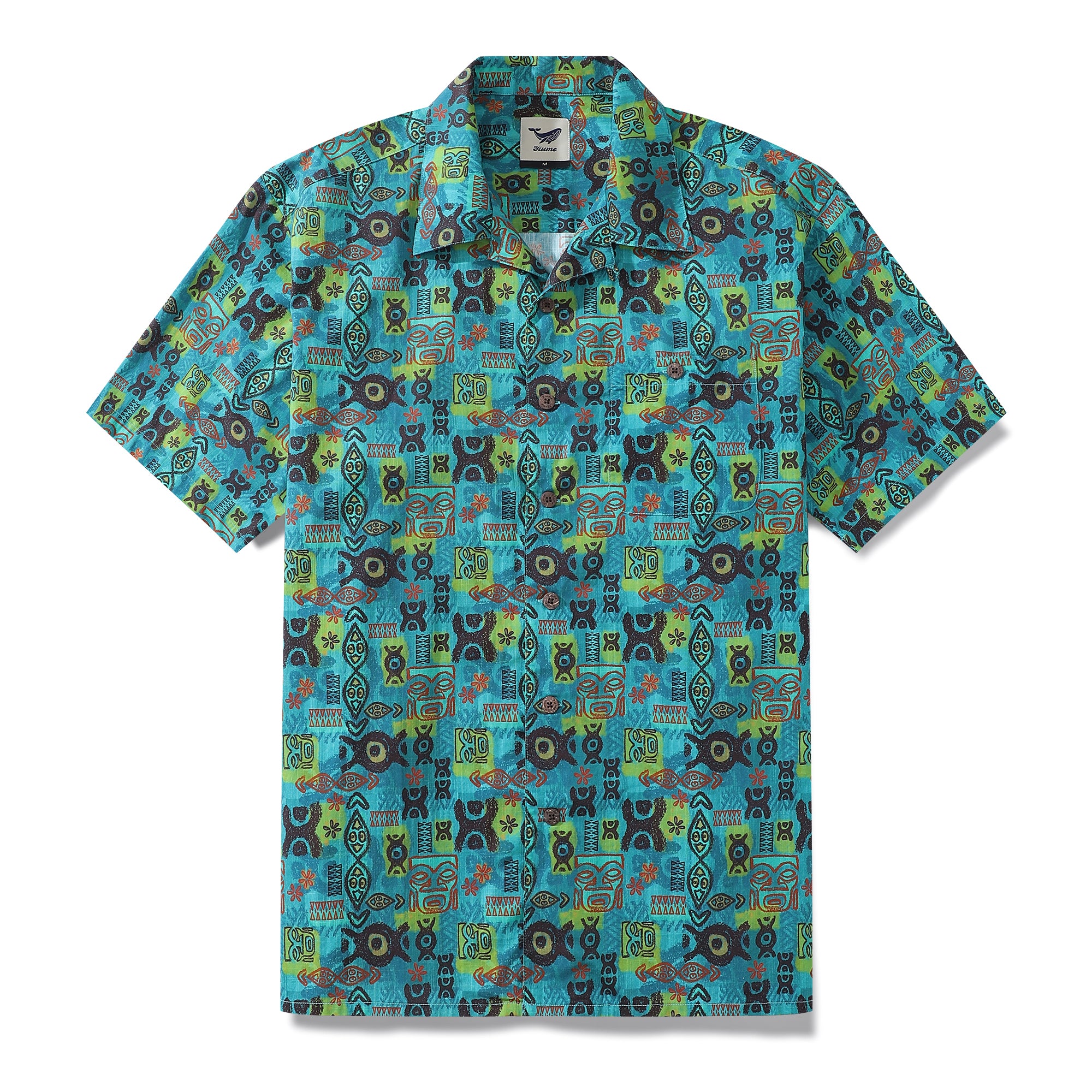 Chemise hawaïenne pour hommes Circle-Tiki-Patterncrop par Woody Miller Chemise Camp Collar 100% Coton