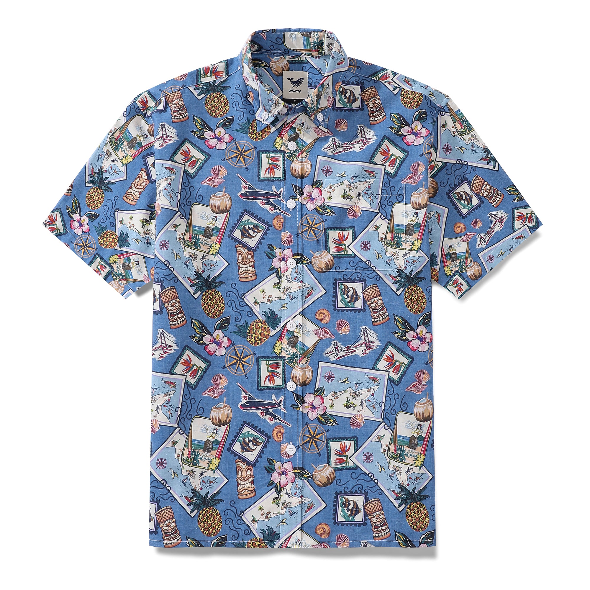 Men's 1970s Vintage Hawaiian Shirt Button-down Short Sleeve Aloha Beach Shirt
