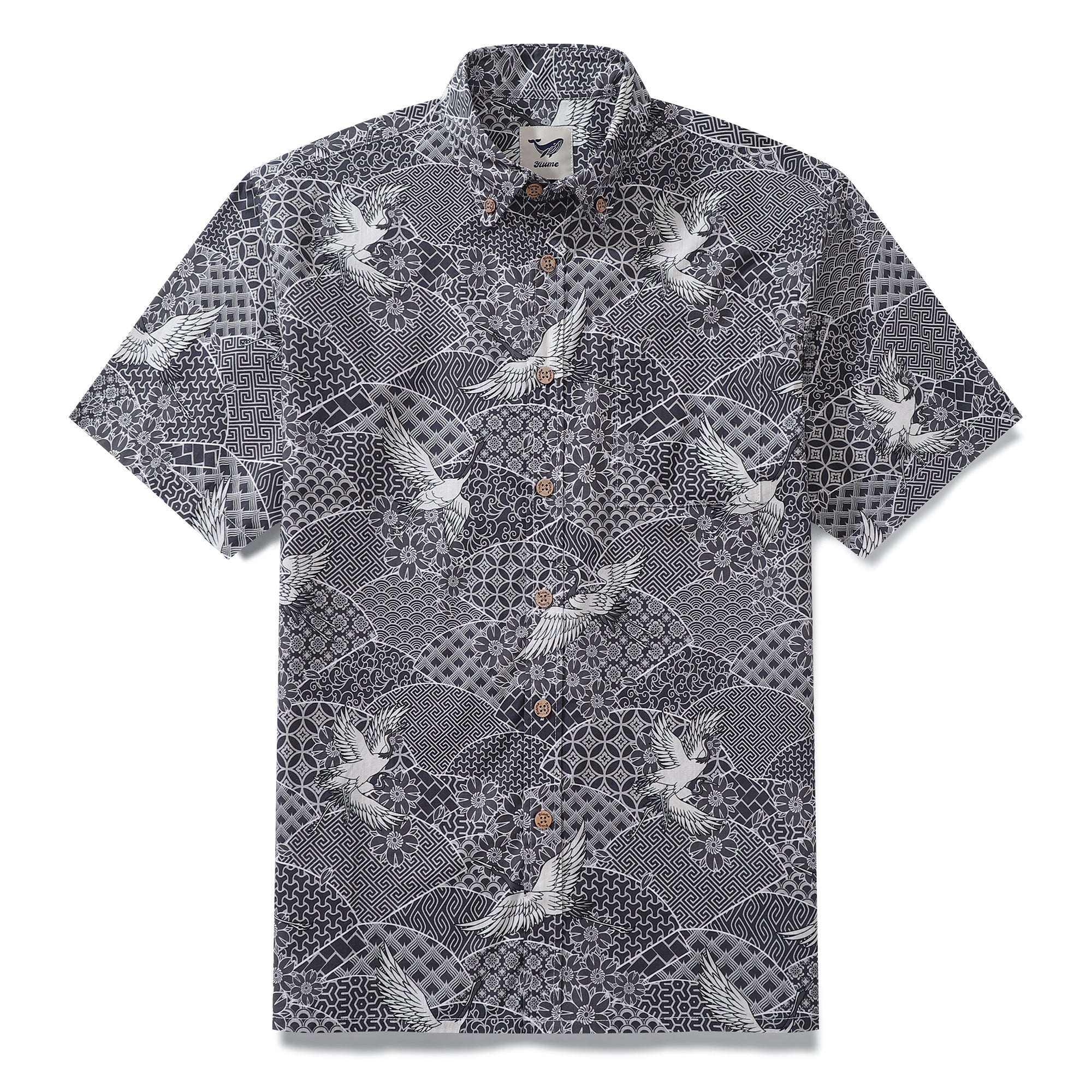 Herren-Hawaii-Hemd „Soaring Crane Auspicious“-Baumwoll-Button-Down-Kurzarm-Aloha-Hemd