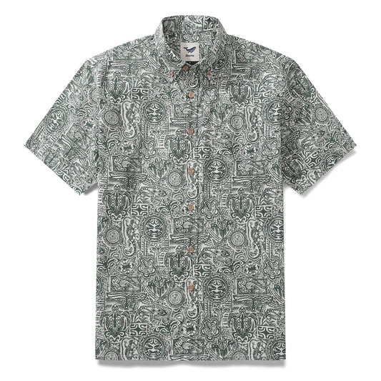 Men's Vintage Tiki Hawaiian Shirt Guardian Totem Cotton Button-down Short Sleeve Aloha Shirt