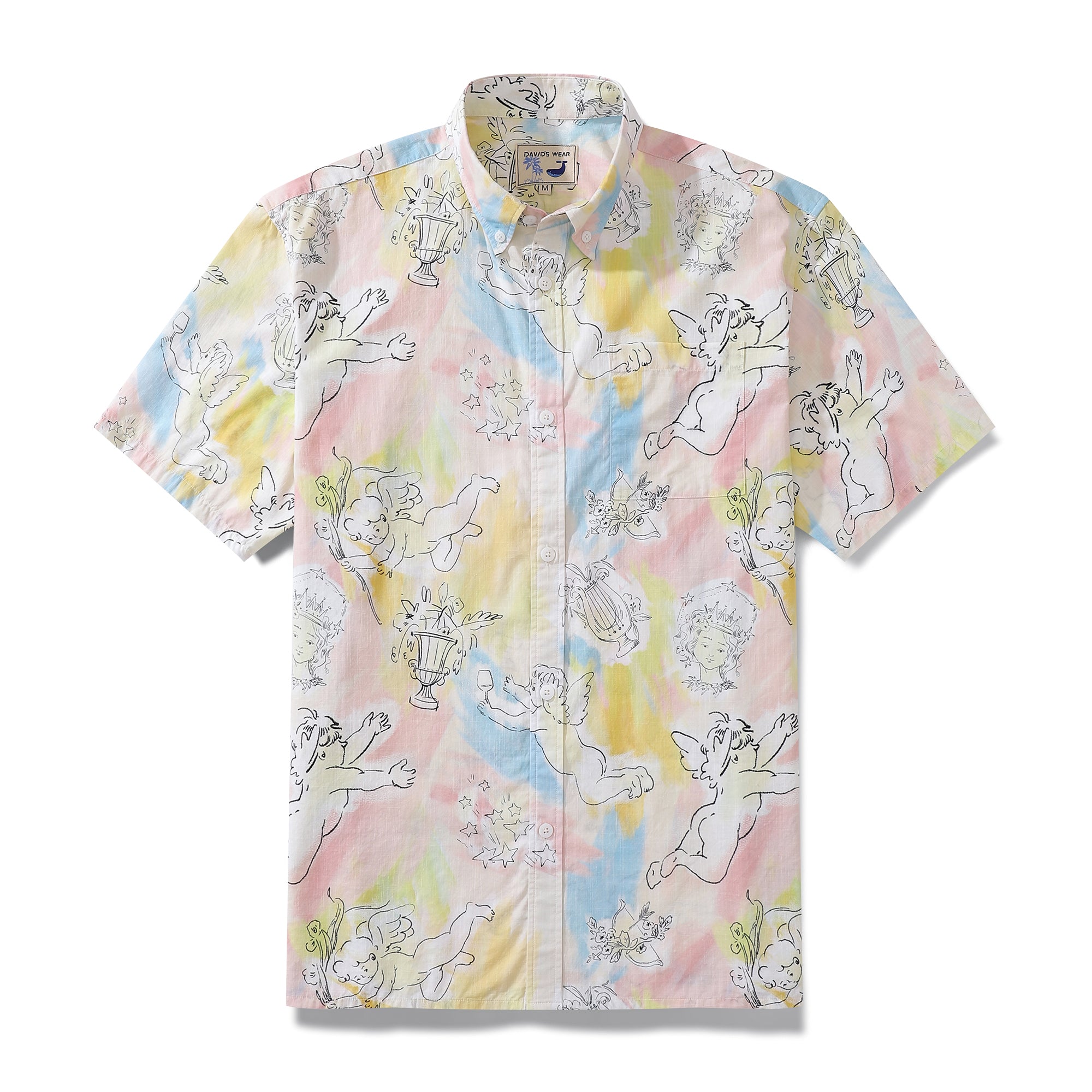 1980s Vintage Men's Hawaiian Shirt Angel's Ball Print Cotton Button-down Short Sleeve Aloha Shirt