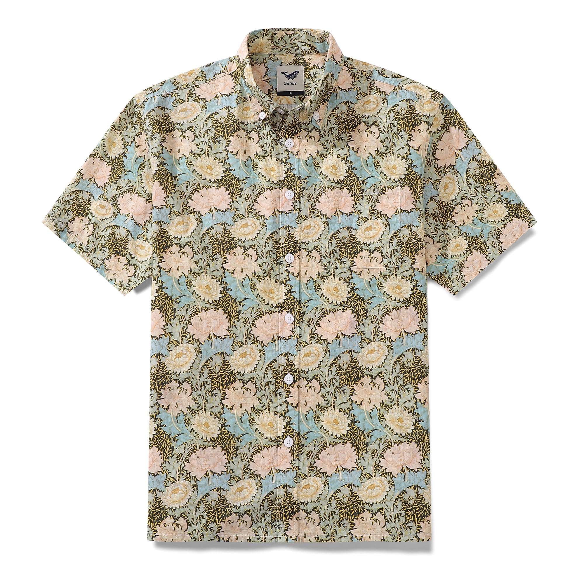 Men's Hawaiian Shirt Chrysanthemum Print Cotton Button-down Short Sleeve Aloha Shirt