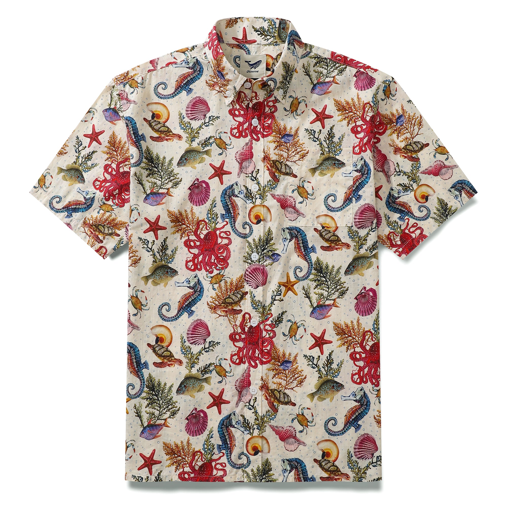 Funky Hawaii-Hemd für Herren, Meeresleben, Seepferdchen, Oktopus-Print, Button-down-Hemd aus Tencel™