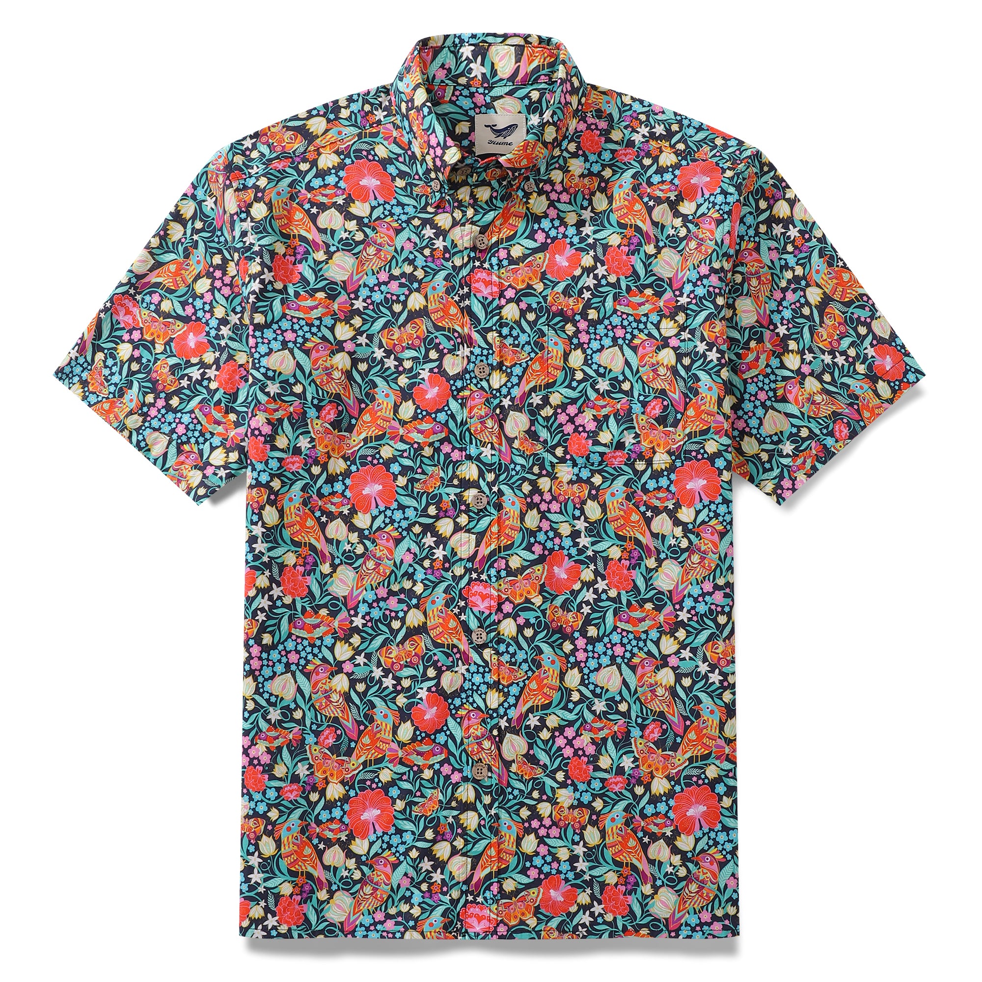 Men's Hawaiian Shirt Magic Garden Birds By Car Pintos Print Cotton Button-down Short Sleeve Aloha Shirt