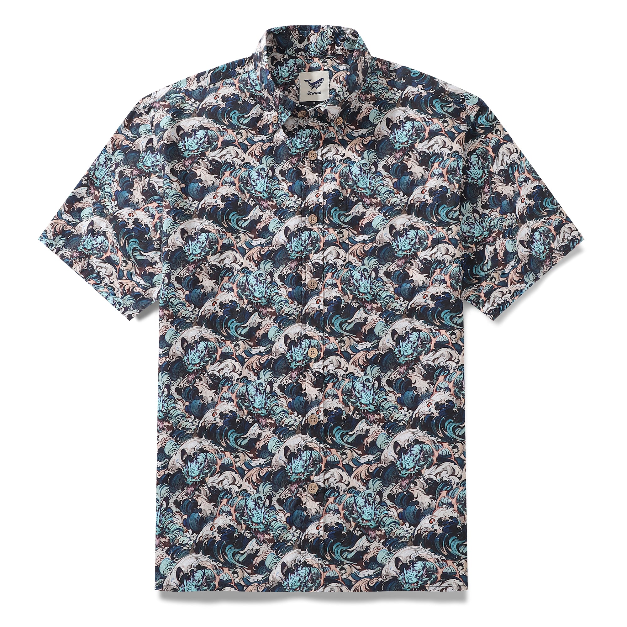 Men's Hawaiian Shirt Riding the Dragon's Wave Print Cotton Button-down Short Sleeve Aloha Shirt