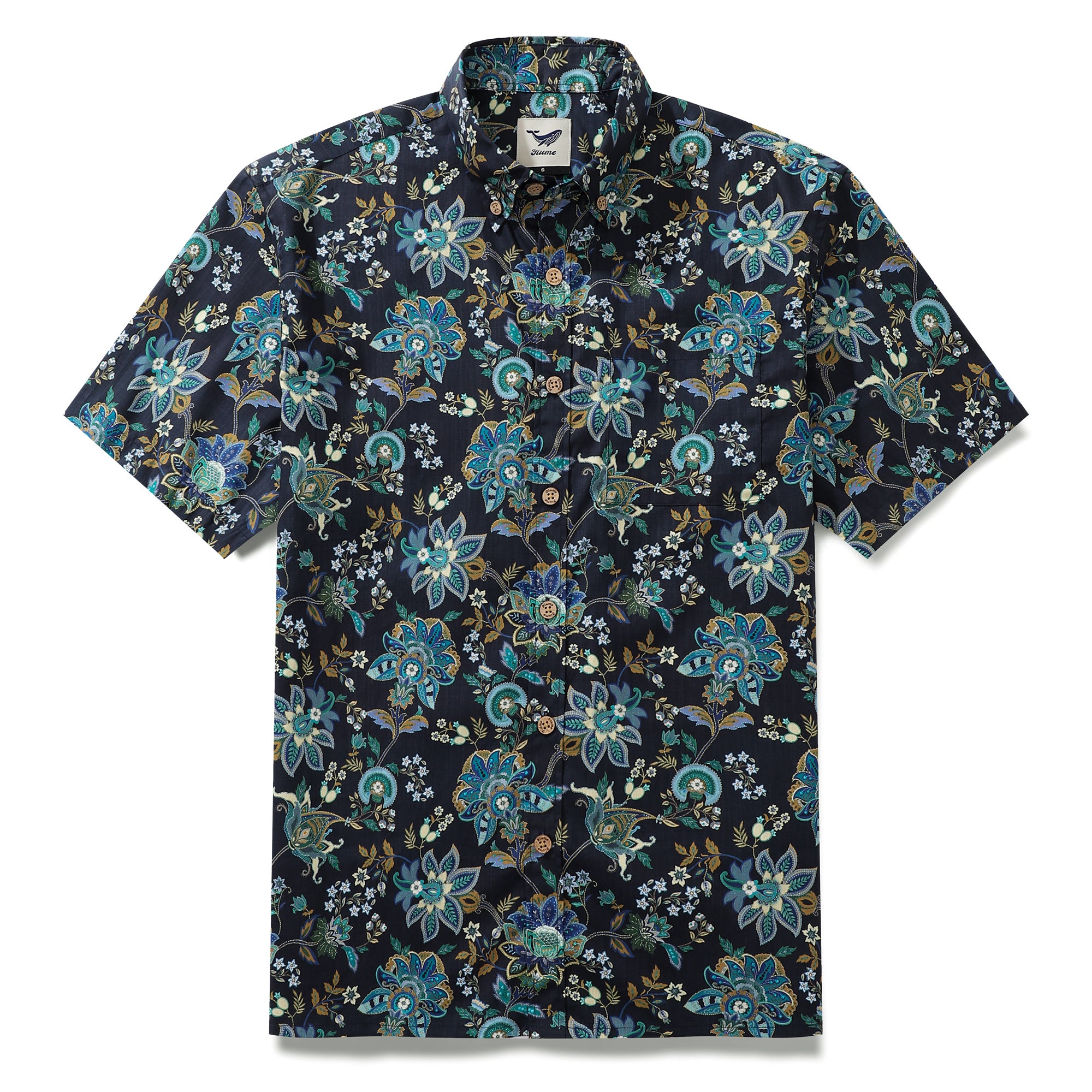 Hawaii-Hemd für Herren, schwarz, Fantasy-Blumen-Print, kurzärmelig, Baumwolle, Knopfleiste