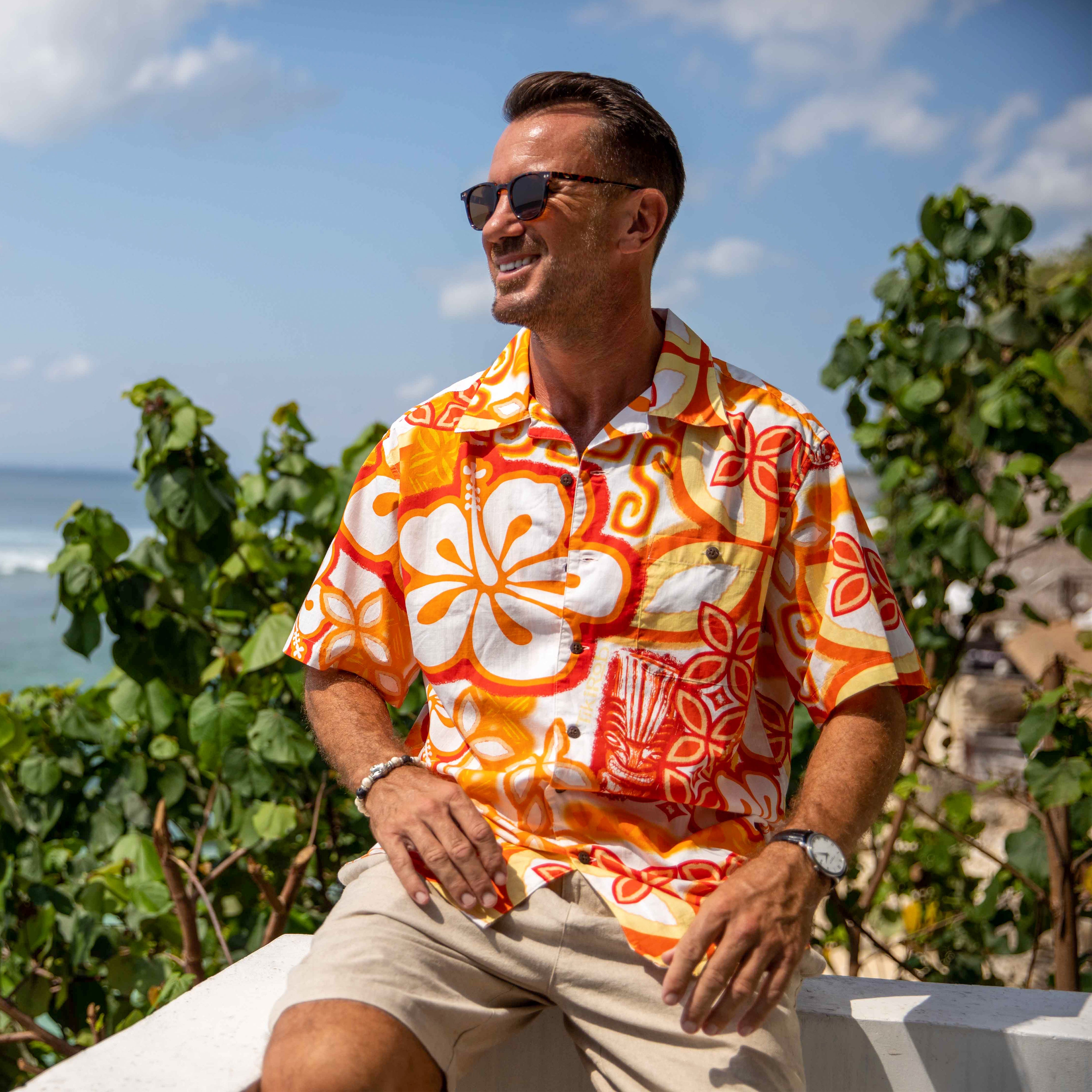 Hawaiian Shirts For Men Tikirob Designer Shirt Orange Totem 100% Cotton