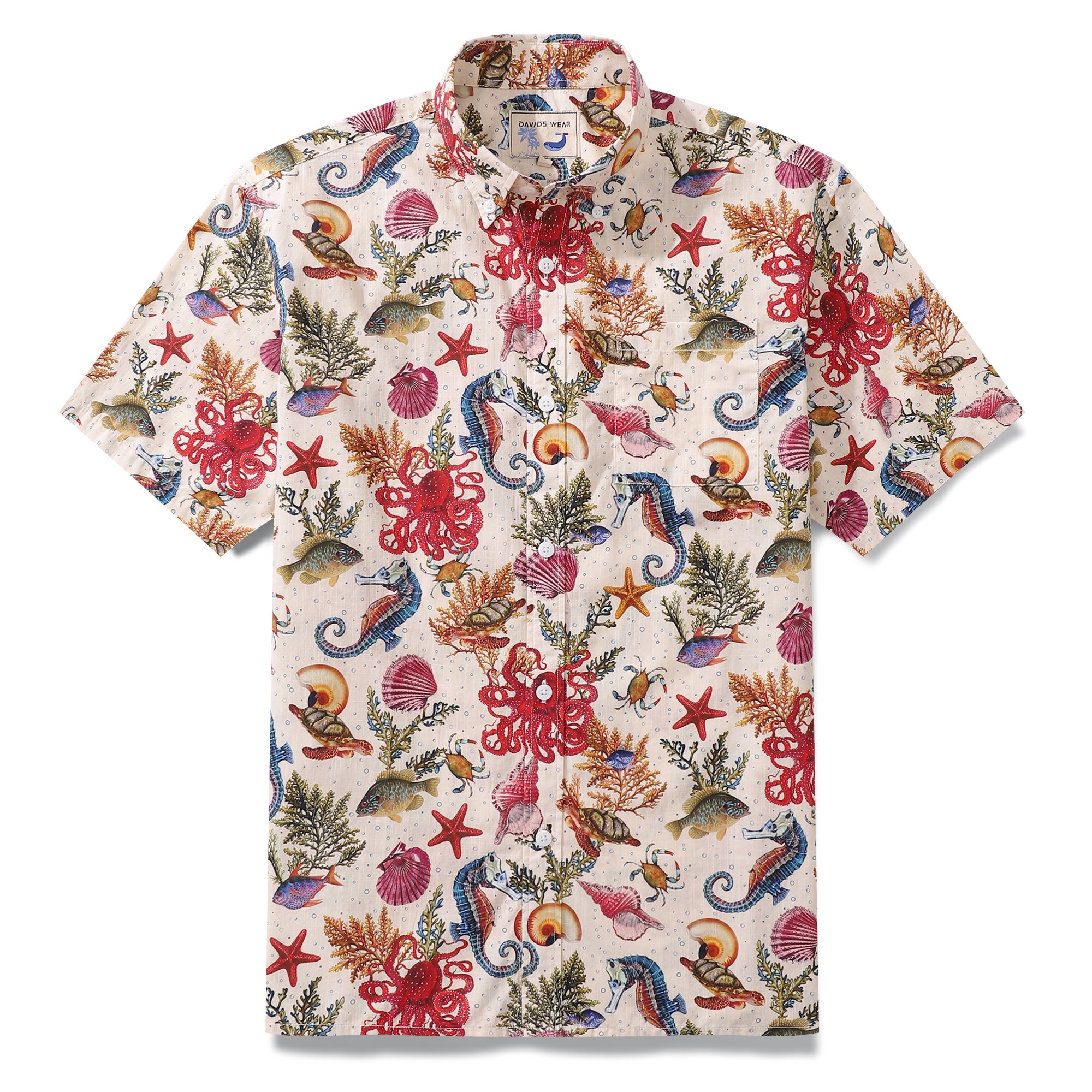 Funky Hawaii-Hemd für Herren, Marine Life, Seepferdchen, Oktopus, bedruckt, nicht übereinstimmende Baumwolle, Button-down-Hemd