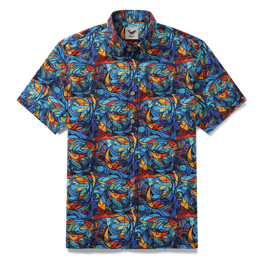 1960s Vintage Men's Hawaiian Shirt Cubism Print Cotton Button-down Short Sleeve Aloha Shirt