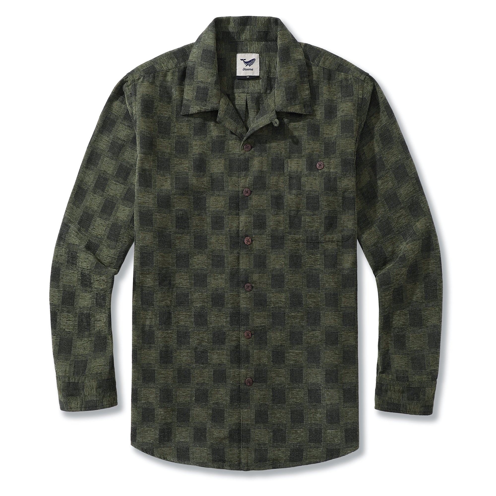 Men's Hawaiian Shirt Cotton Camp Collar Long Sleeve Classic Check Shirt - OLIVE GREEN