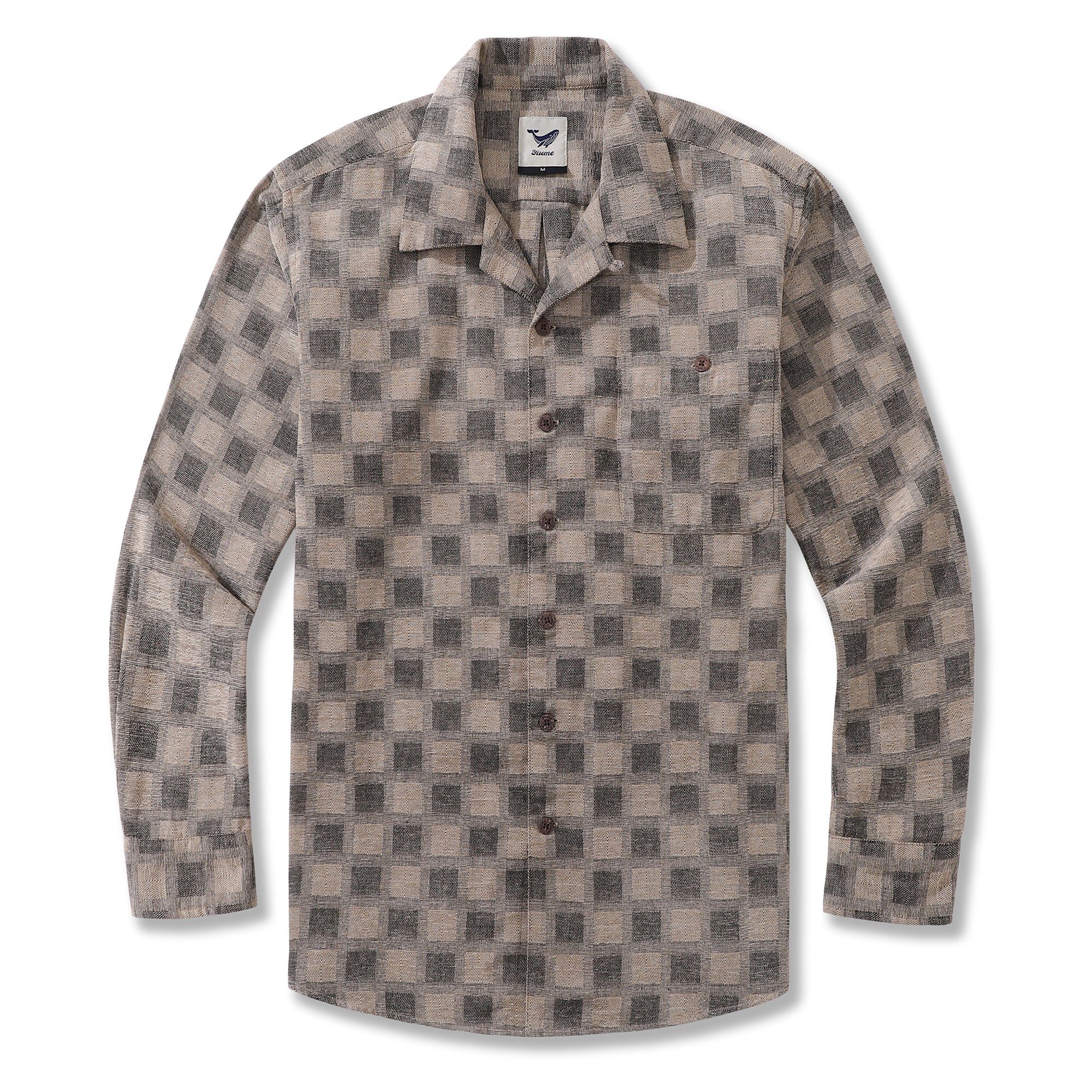 Men's Hawaiian Shirt Cotton Camp Collar Long Sleeve Classic Check Shirt - LIGHT CAMEL