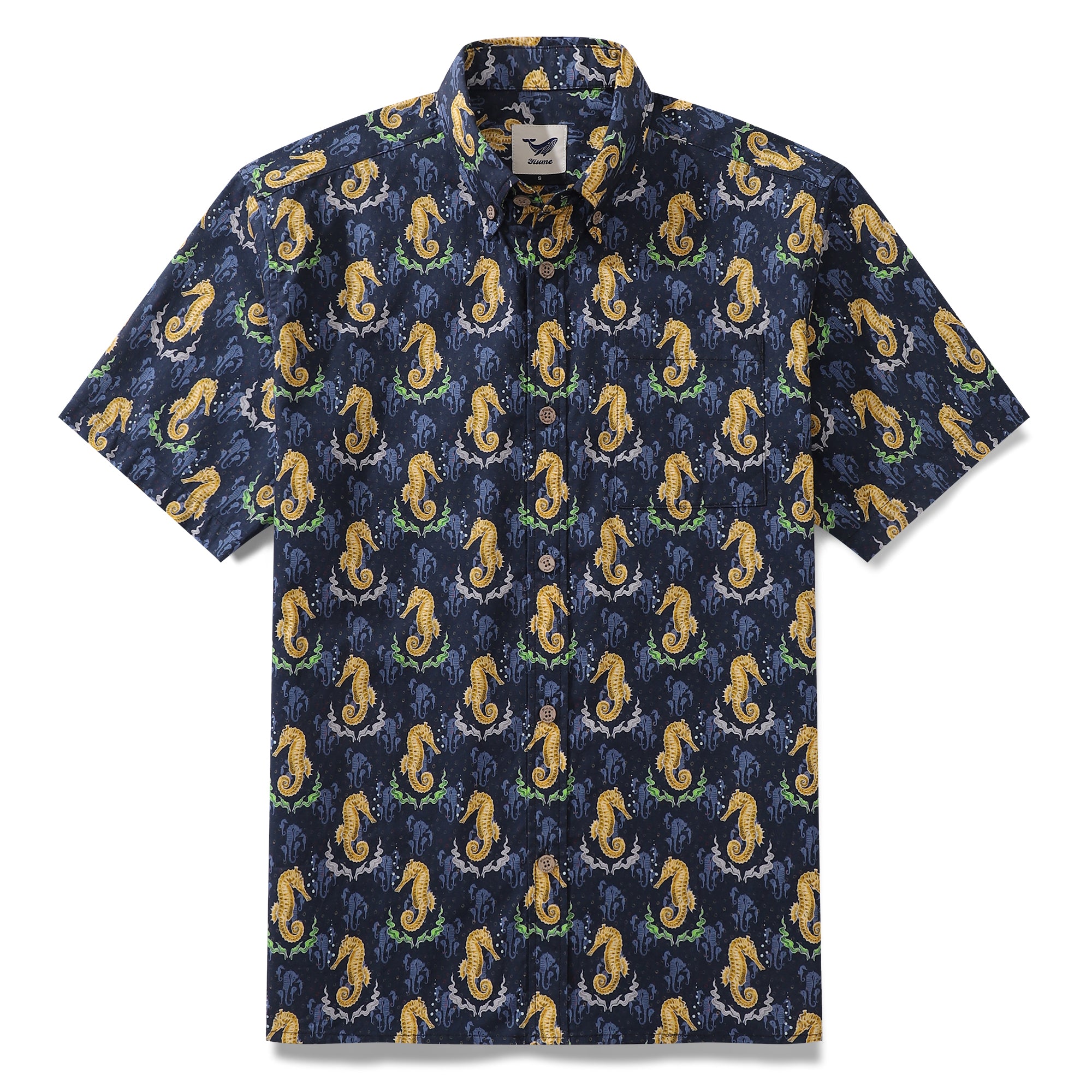 Camisa hawaiana para hombre, camisa Aloha de manga corta con botones de algodón con estampado de caballitos de mar masculinos