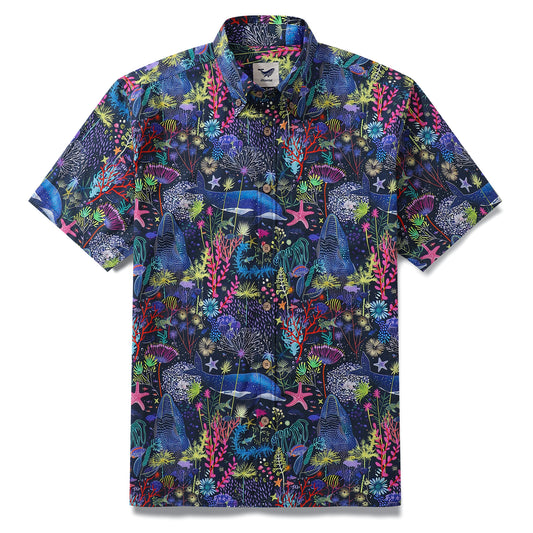 Camisa Hawaiana para Hombres Maravilla Submarina Botón Abajo de Manga Corta 100% Algodón