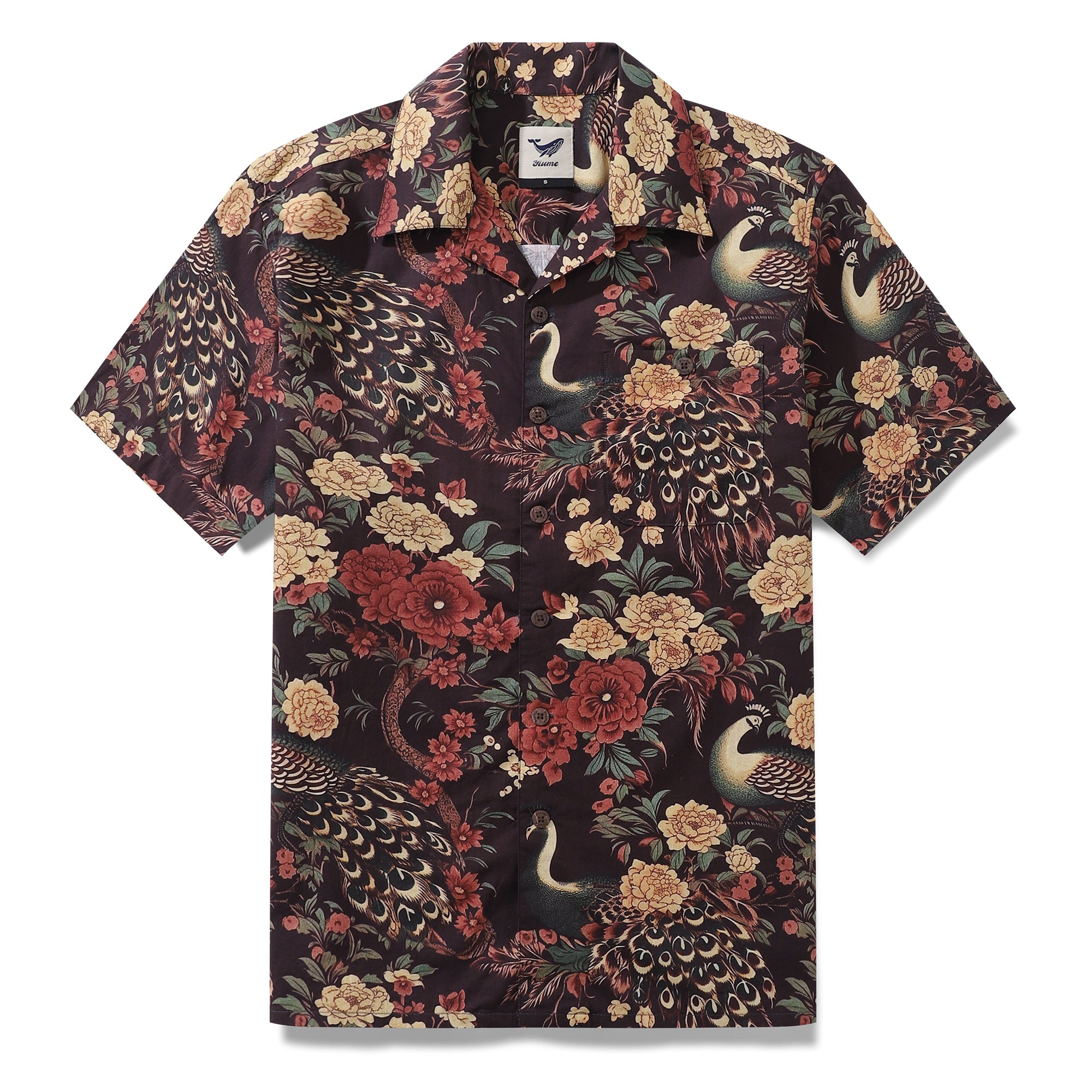 Hawaiihemd für Herren, Pfauen- und Blumenhemd, Camp-Kragen, 100 % Baumwolle