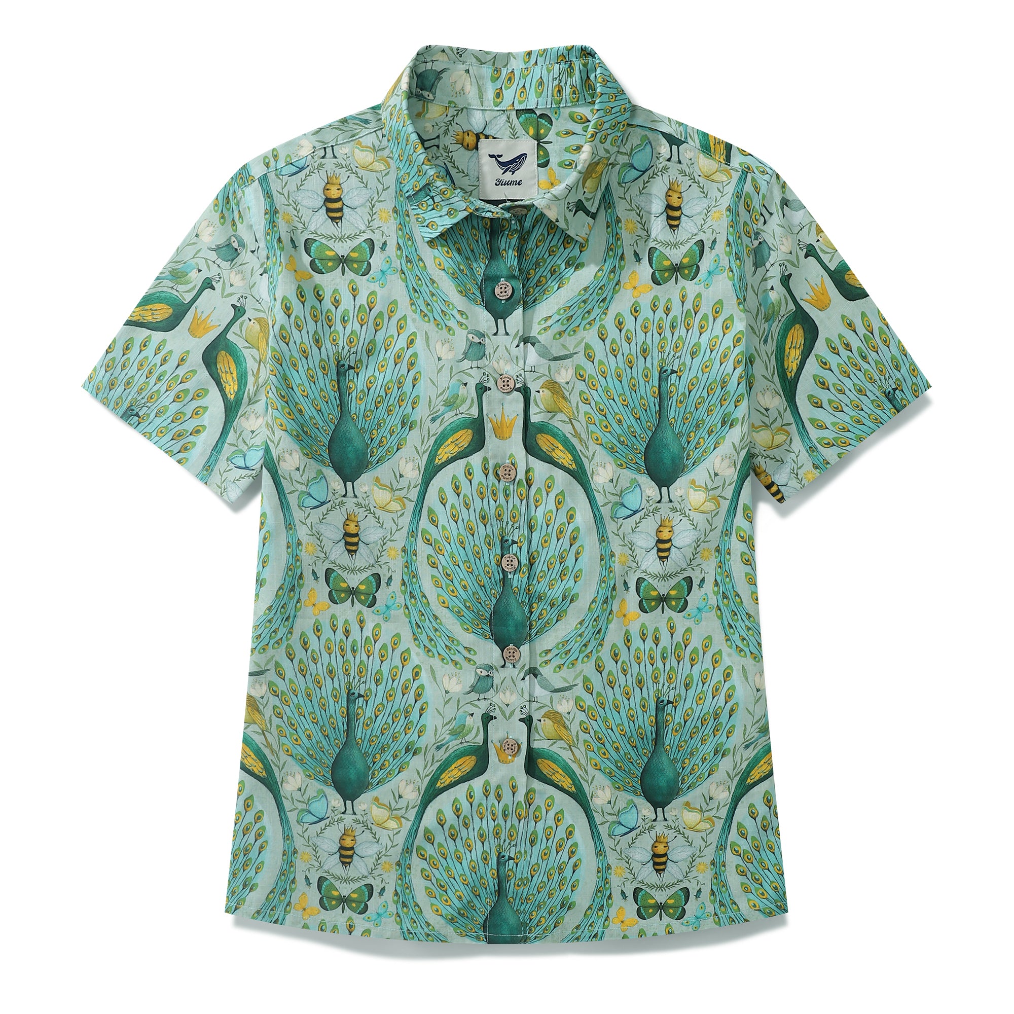Damen Hawaiian Shirt Pfau von Maja Lindberg Baumwolle Knopfverschluss Kurzarm