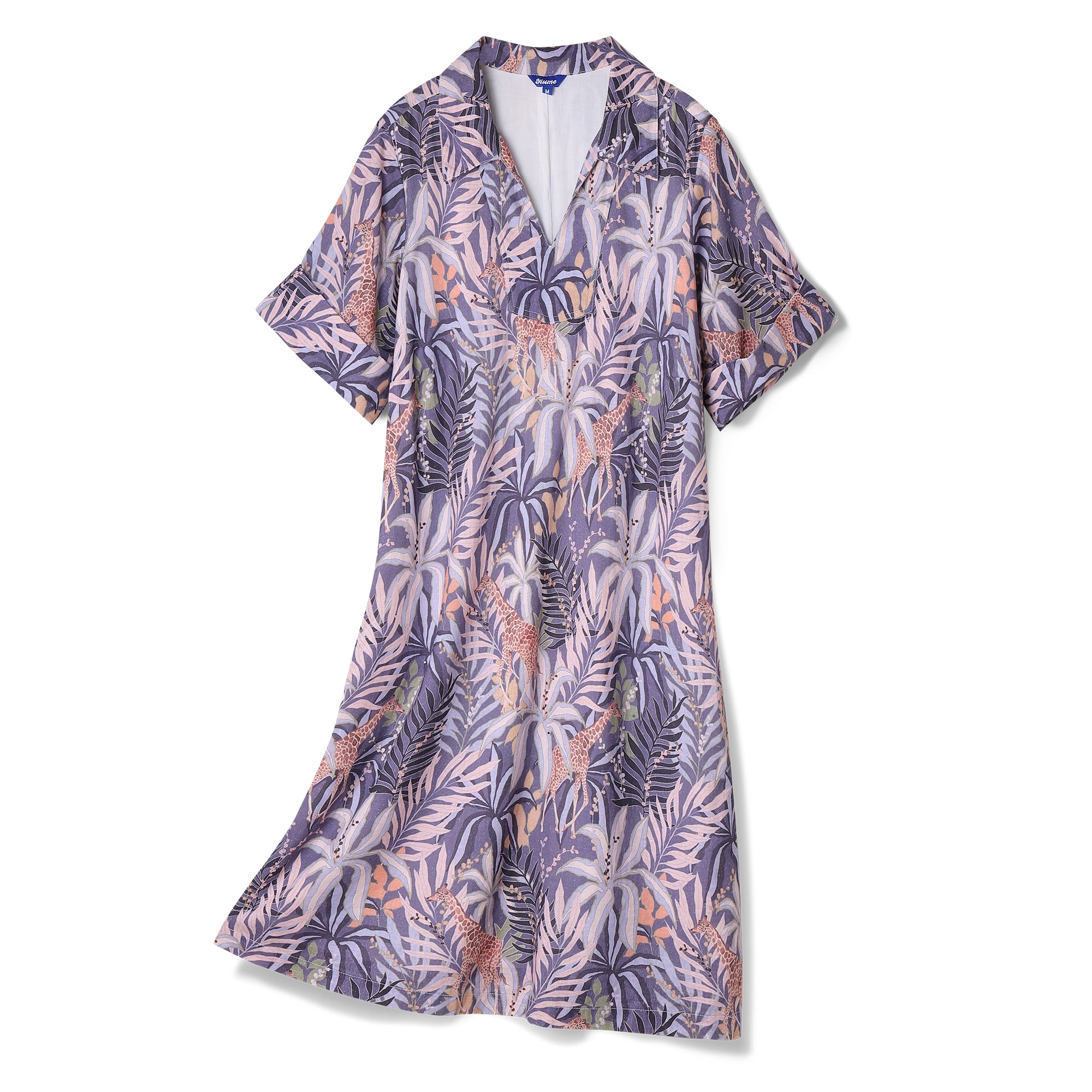 Robe hawaïenne pour femmes Robe de vacances tropicale Imprimé girafe tropical par Samantha O' Malley Robe à col en V
