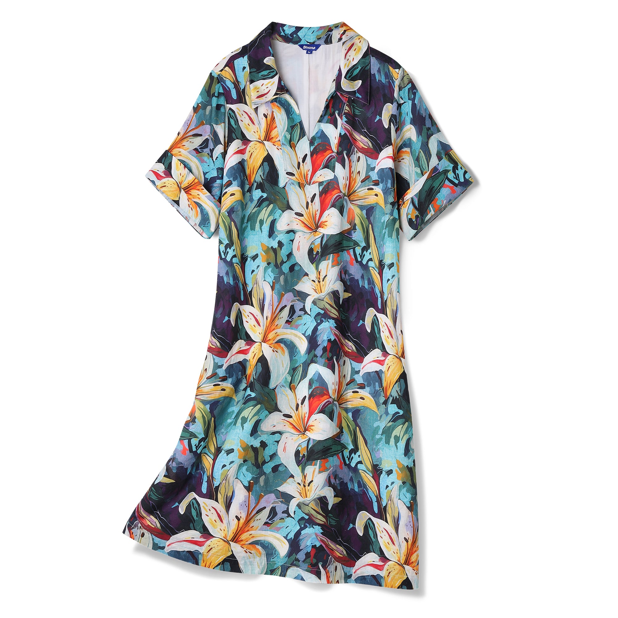 Hawaiian Dress For Women Tropical Vacation Dress Greenish Lily Flower V-Neck Dress Greenish Lily Flower Dress