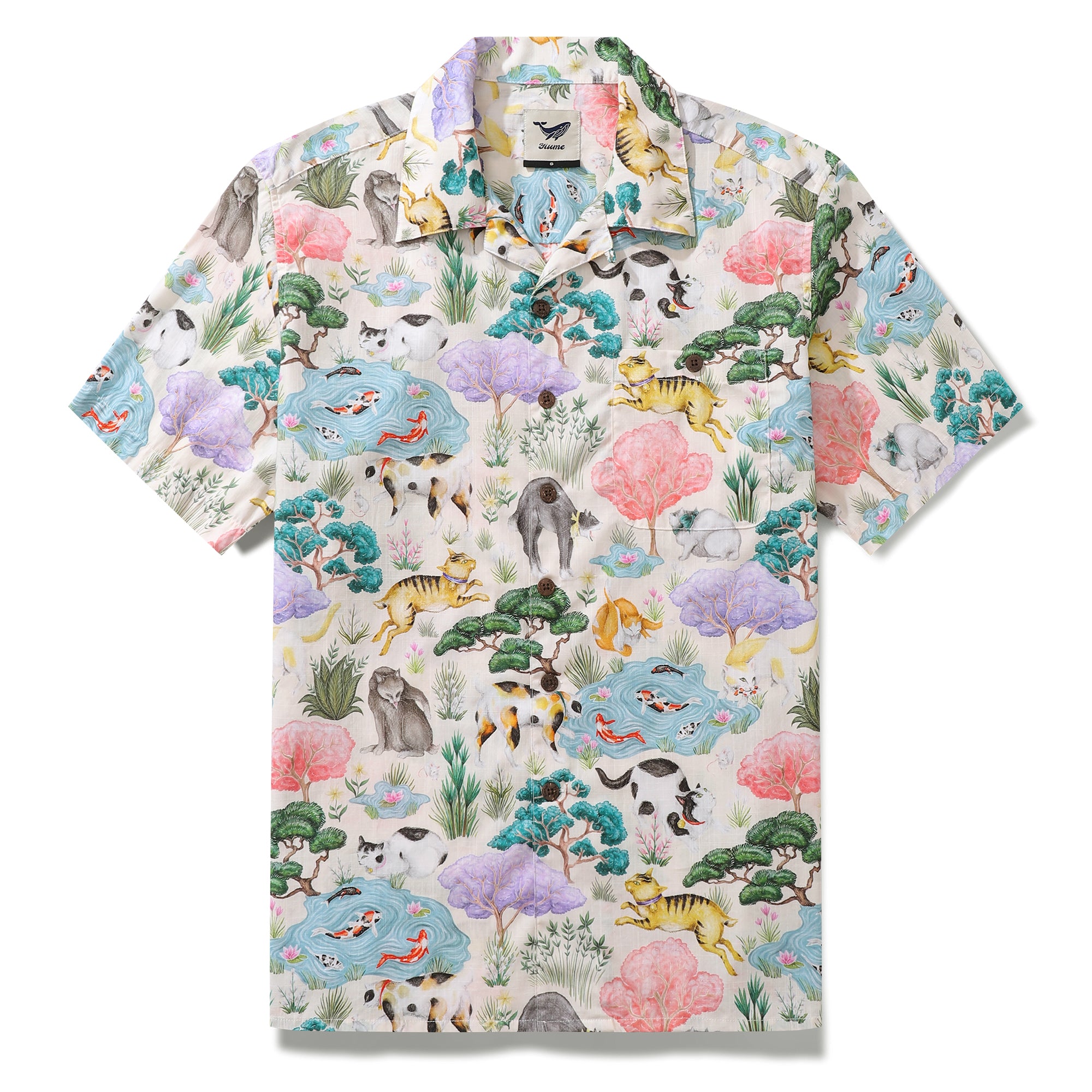 Japanese Hawaiian Shirt For Men Ukiyo-e Cats Print Shirt Camp Collar 100% Cotton Shirt