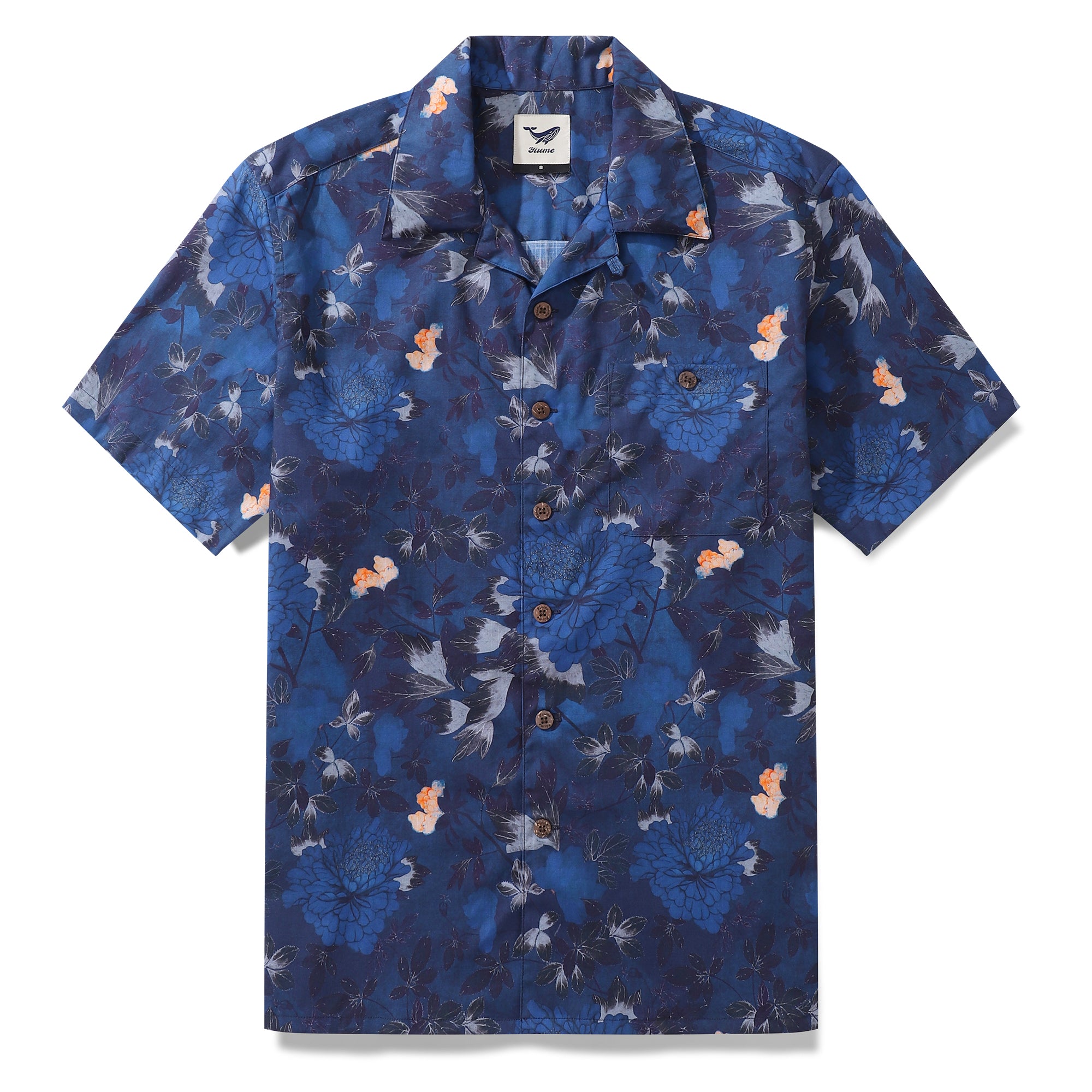 Dark Blue Hawaiian Shirt For Men Peony Shirt Camp Collar 100% Cotton Shirt Peony Dreamscape