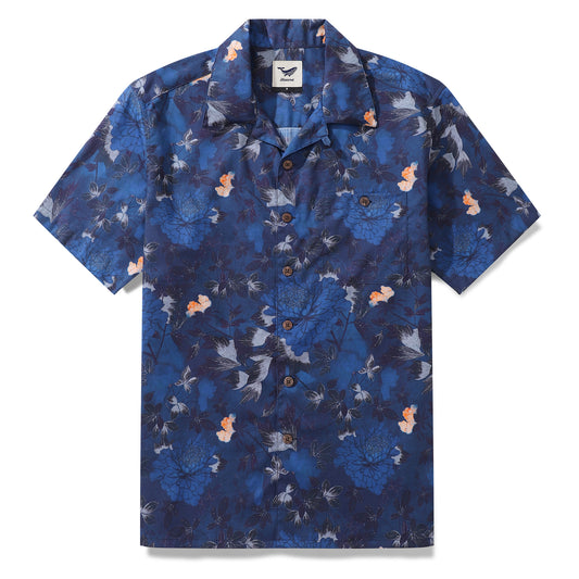 Dark Blue Hawaiian Shirt For Men Peony Shirt Camp Collar 100% Cotton Shirt Peony Dreamscape