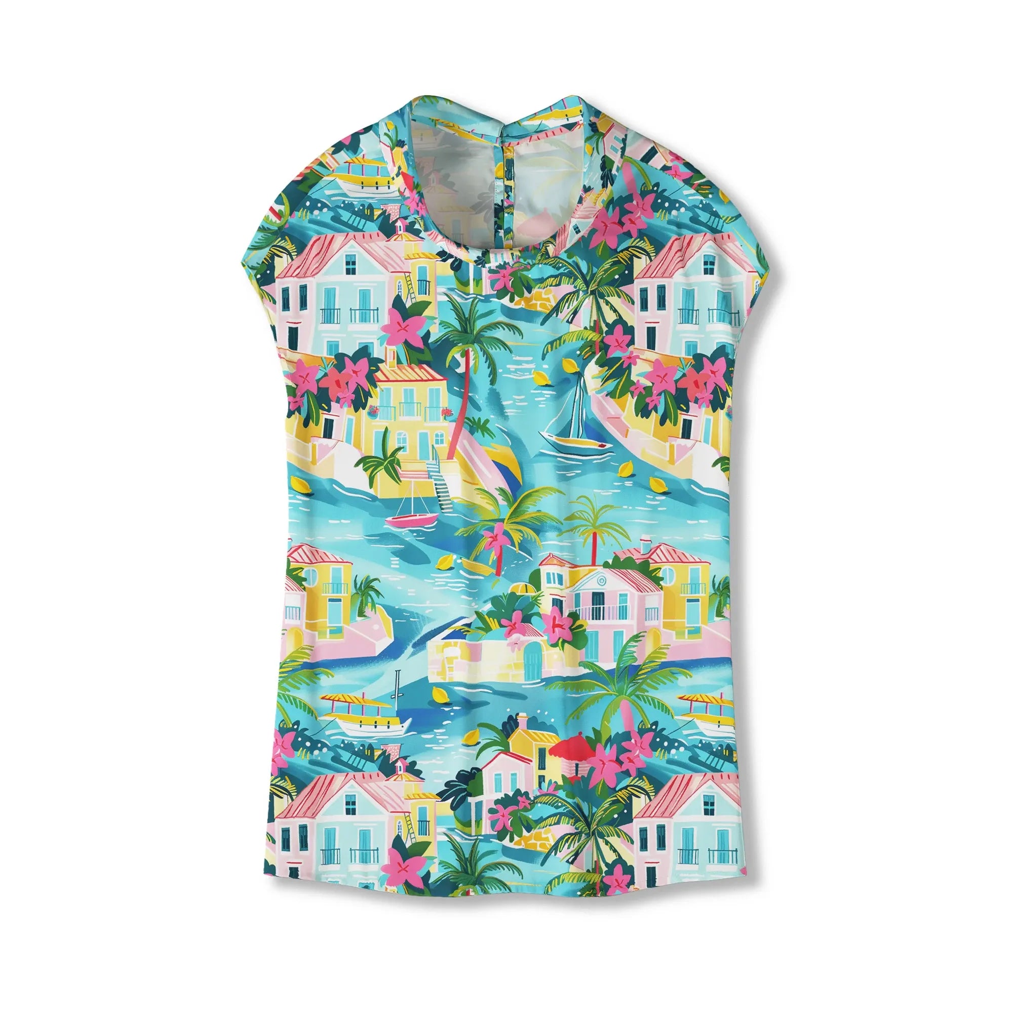 Women's tropical print blouse with button-back detail