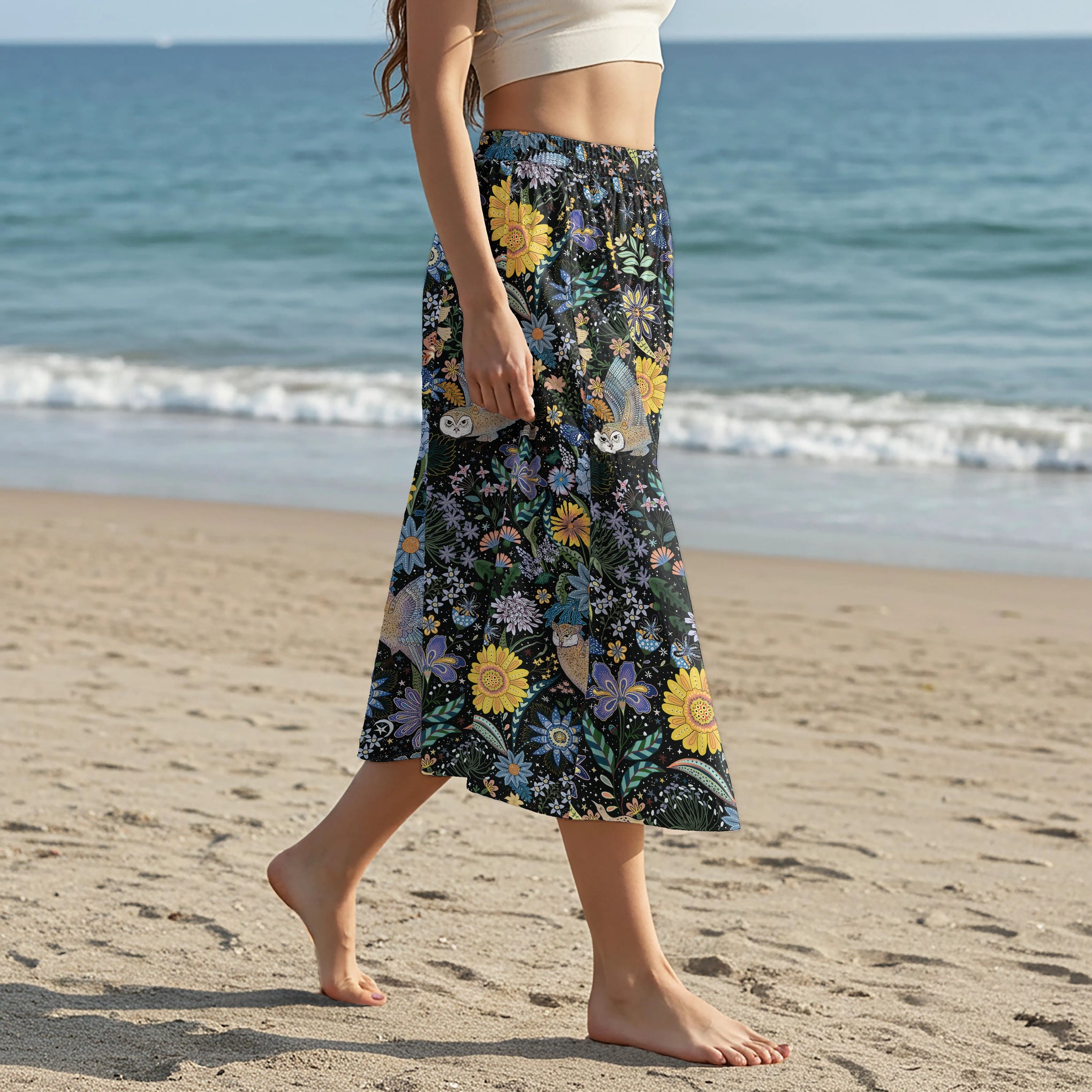 Women Casual Maxi Skirt Long Elastic Waist with Pockets 100% Cotton Beige Aloha Owl's Secret Garden