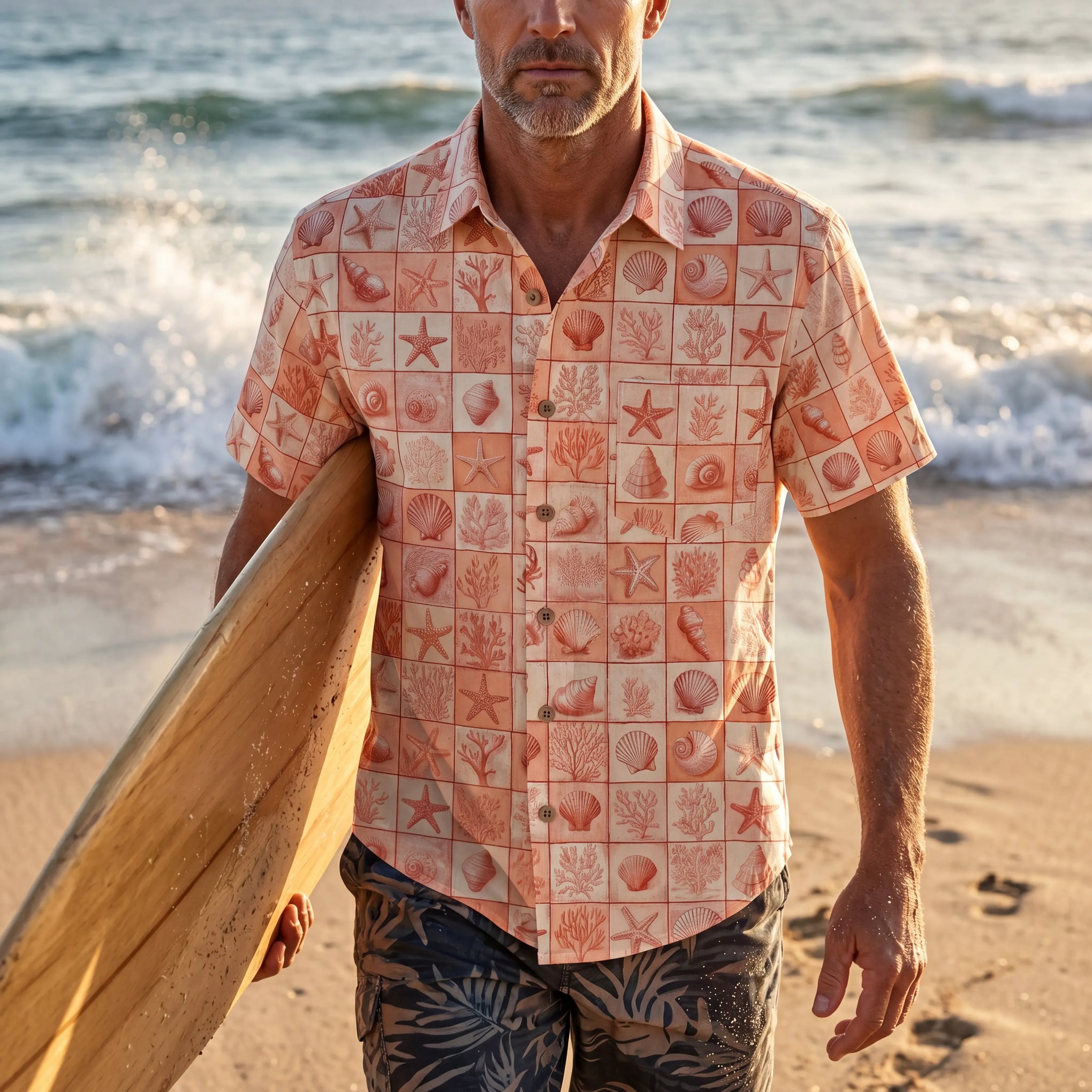 Back view of coral red plaid Hawaiian shirt for men