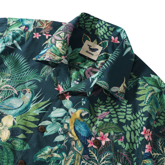 Chemise hawaïenne verte vintage à motif de perroquet tropical pour homme, 100 % coton, à manches courtes, col camp, chemise Aloha.