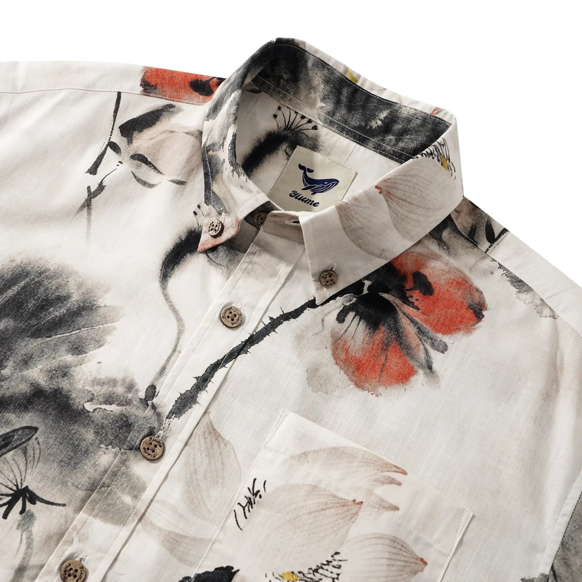 Men's Hawaiian Shirt Short Sleeve Button-down 100% Cotton Gray Aloha Eastern Lotus Elegance