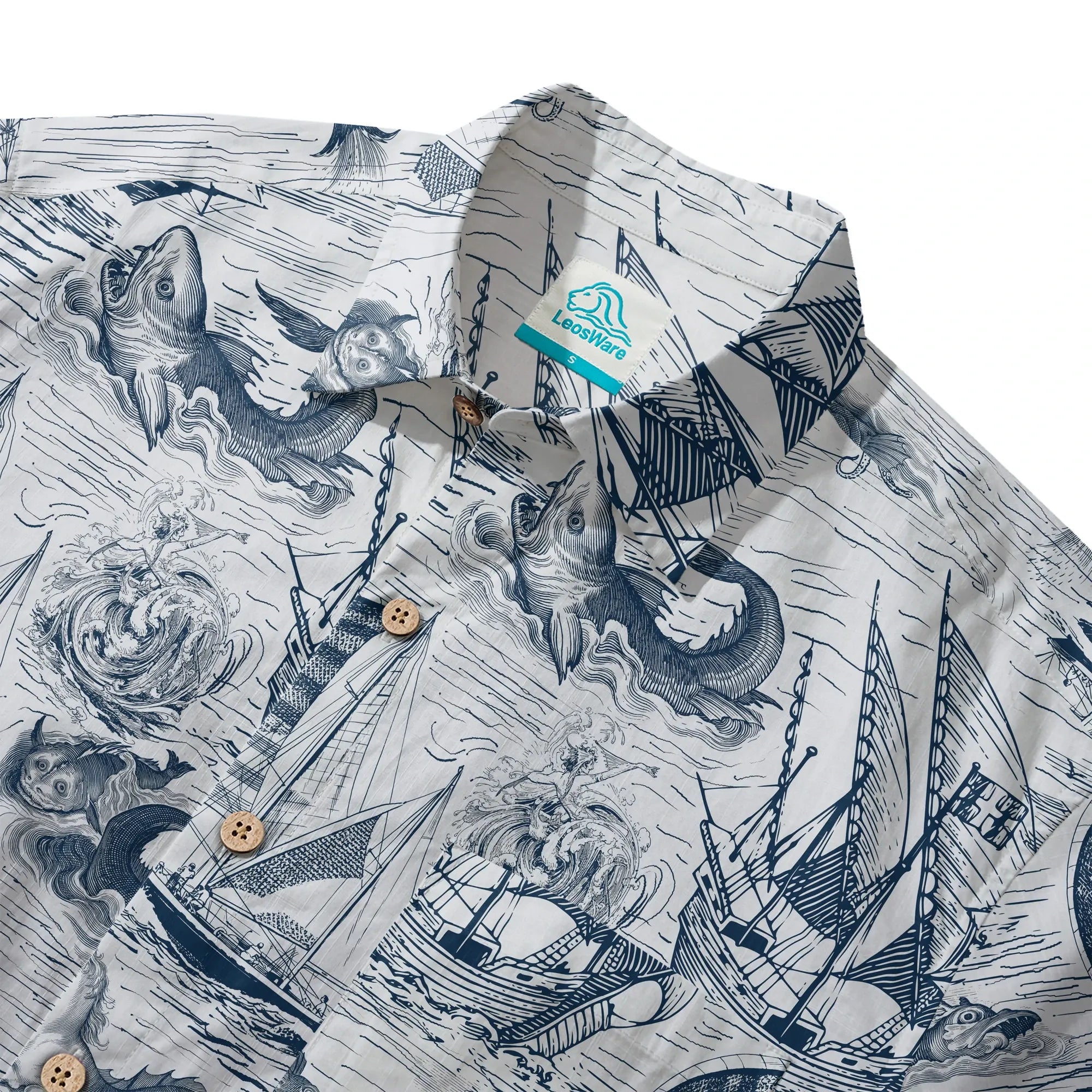 Back view of men's blue Hawaiian shirt with oceanic theme