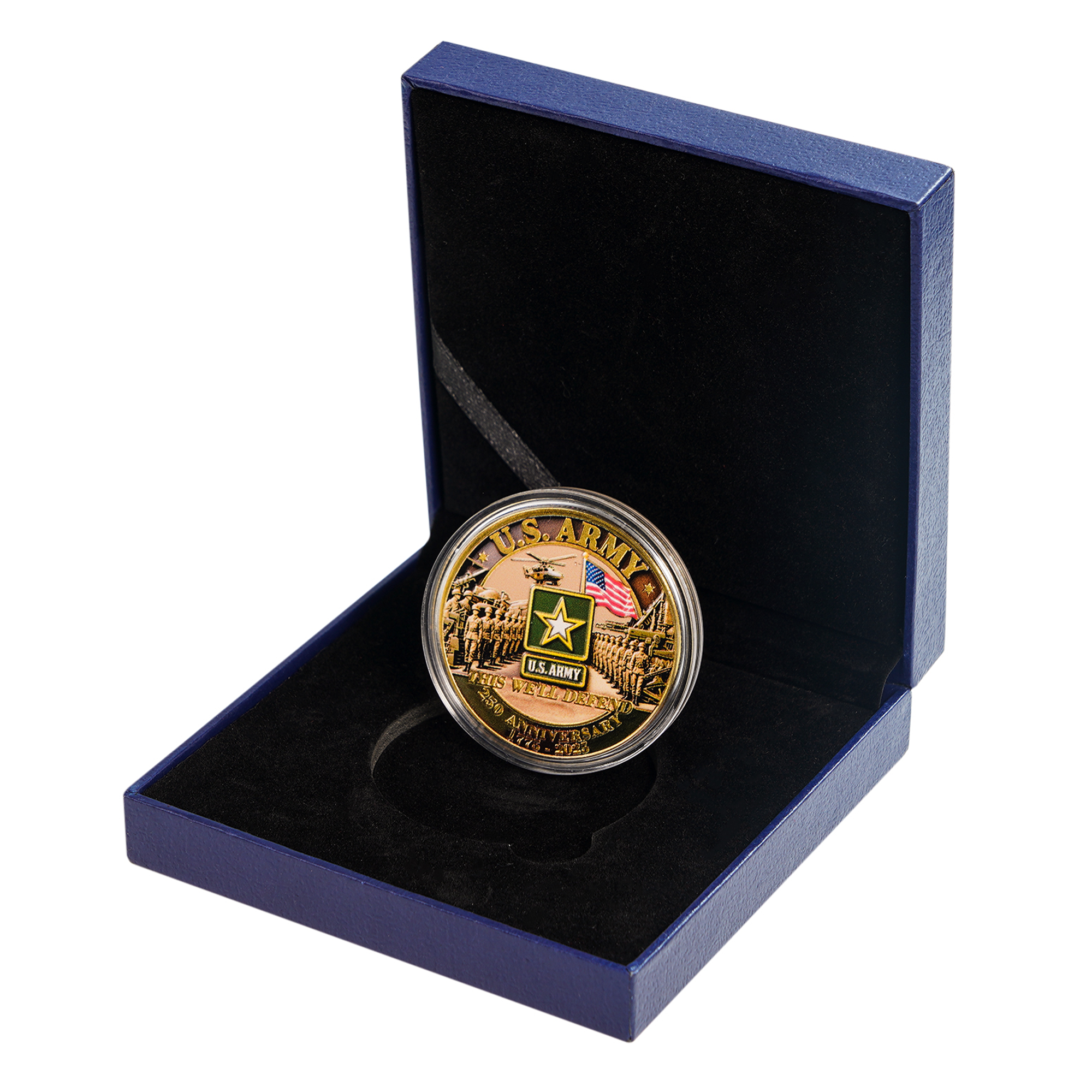 US Military 250th Anniversary coin in presentation box