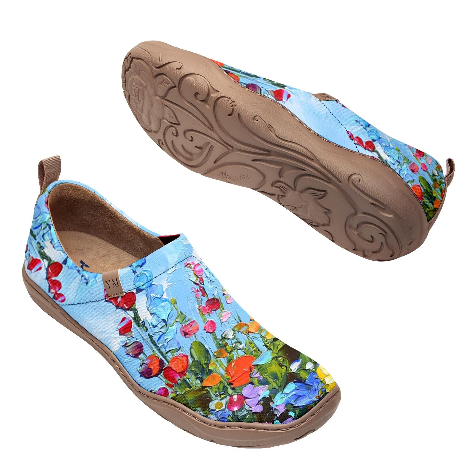 Faltbarer Slipper für Frauen, blaue Blumenölmalerei Frauen Slip-on-Sneaker, 100% Baumwolle