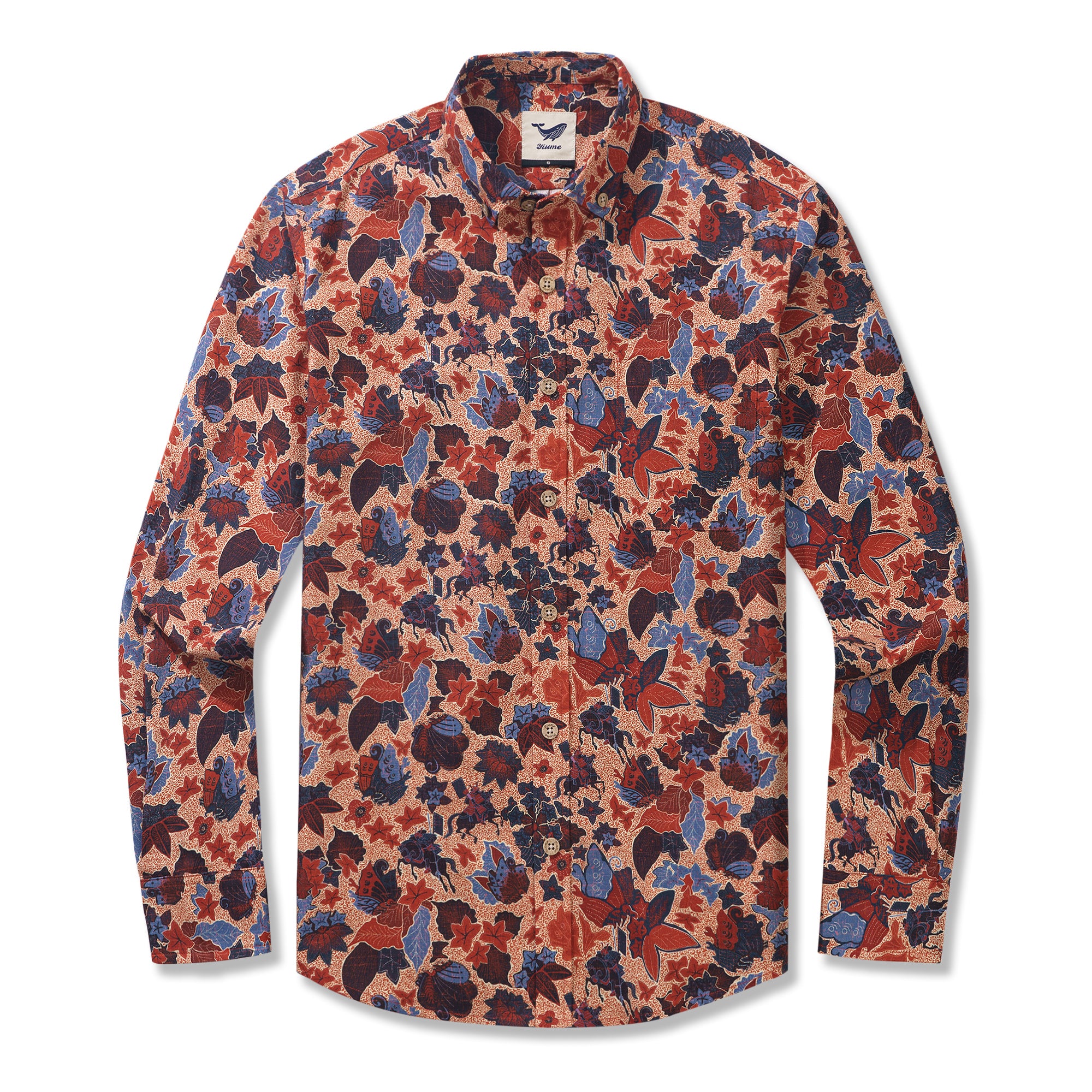 Genji vs. Taira 100% Baumwolle Herren Langarm Hemd mit Knöpfen Rot Aloha Hawaiian