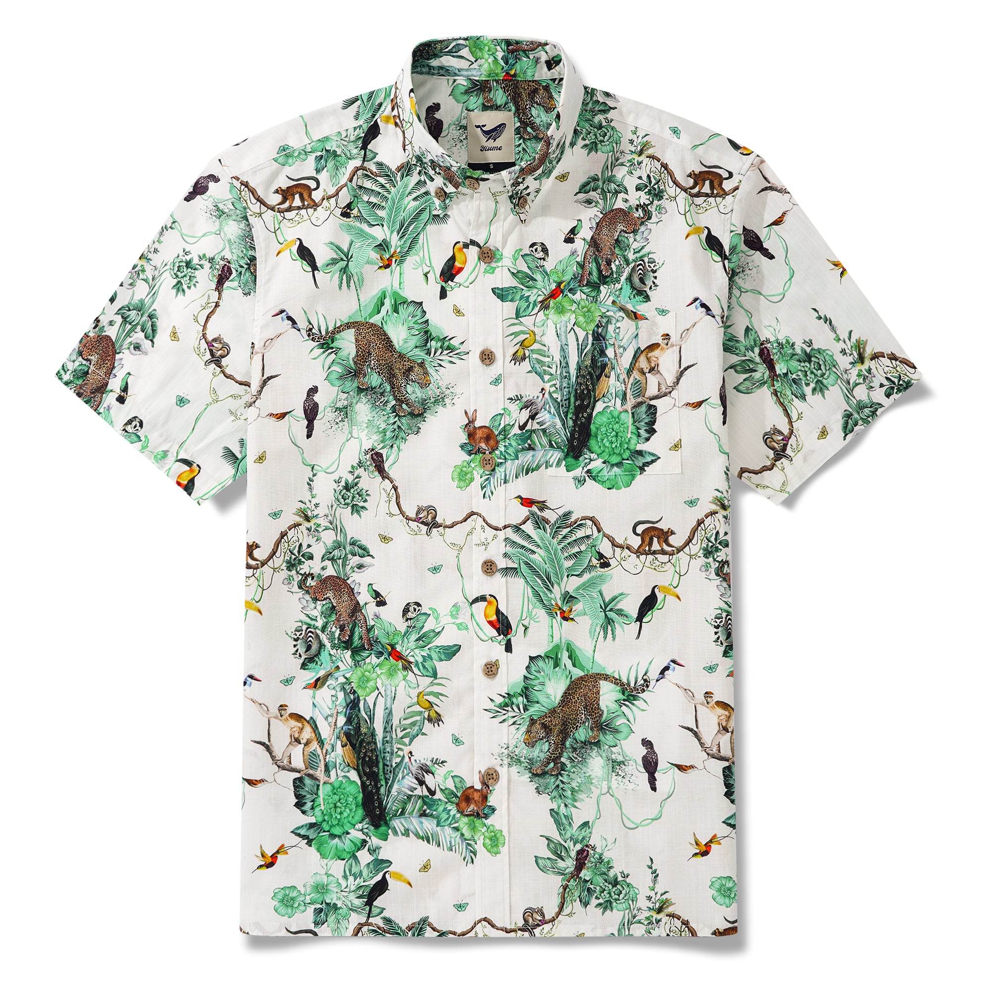 Chemise hawaïenne pour homme à manches courtes, boutonnée, 100 % coton, verte, Aloha, évasion tropicale dans la jungle.